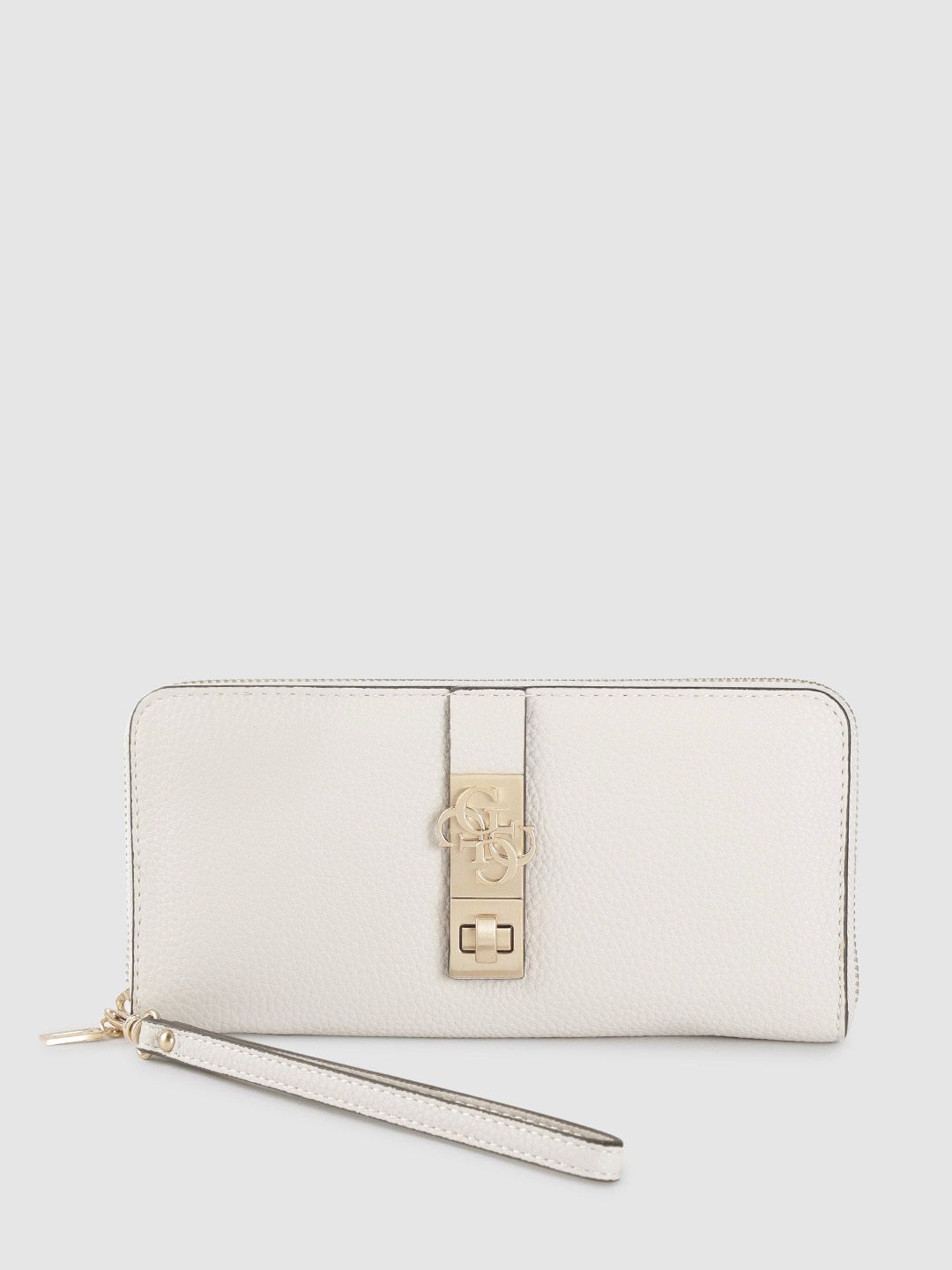 GUESS Women Off-White Solid Zip Around Wallet with Wrist Loop Price in India