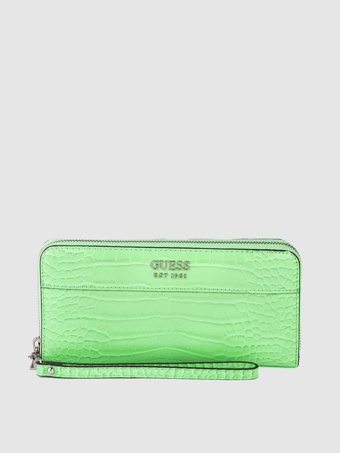 GUESS Women Green Croc-Textured Zip Around Wallet Price in India