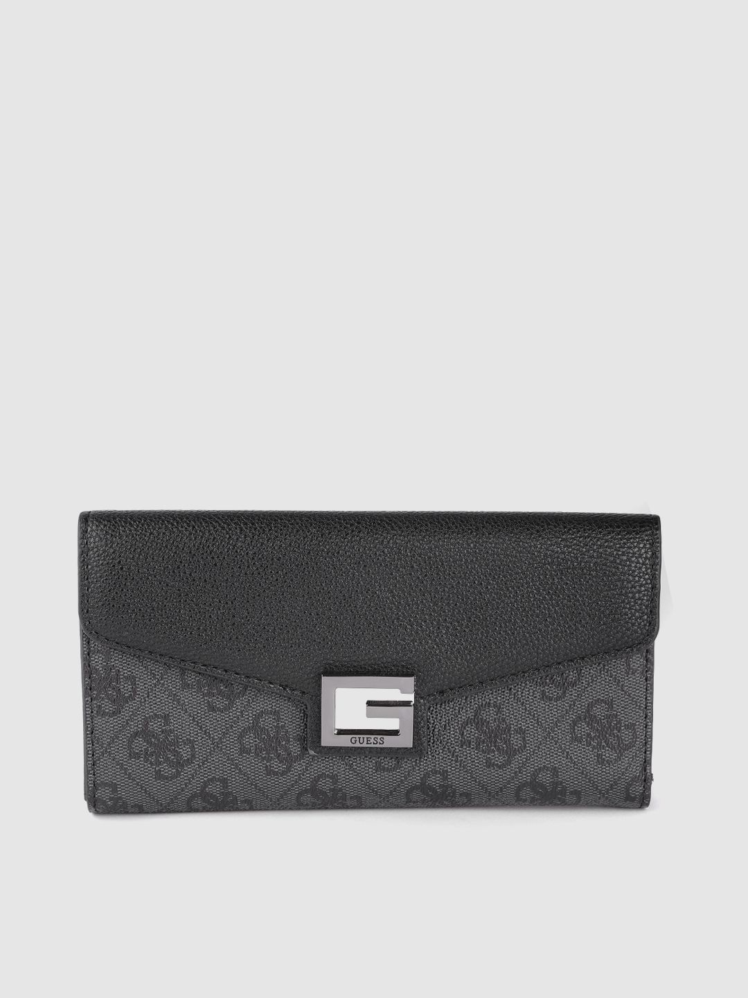 GUESS Women Black & Charcoal Grey Brand Logo Print Two Fold Wallet Price in India