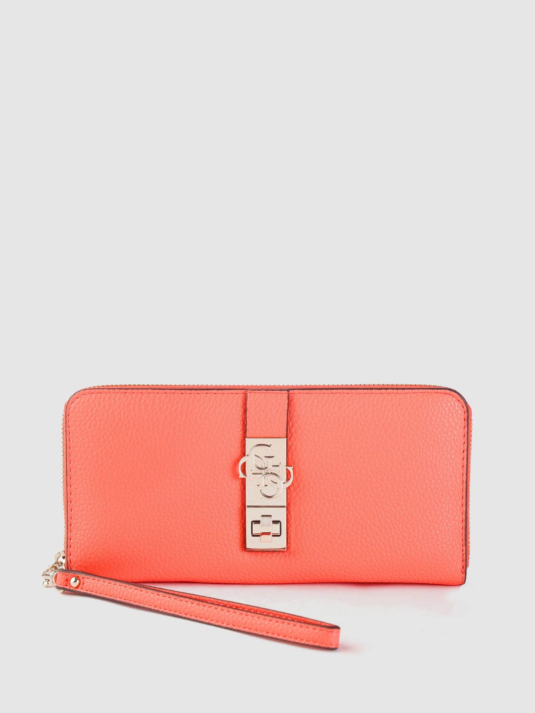 GUESS Women Coral Orange Solid Zip Around Wallet with Wrist Loop Price in India