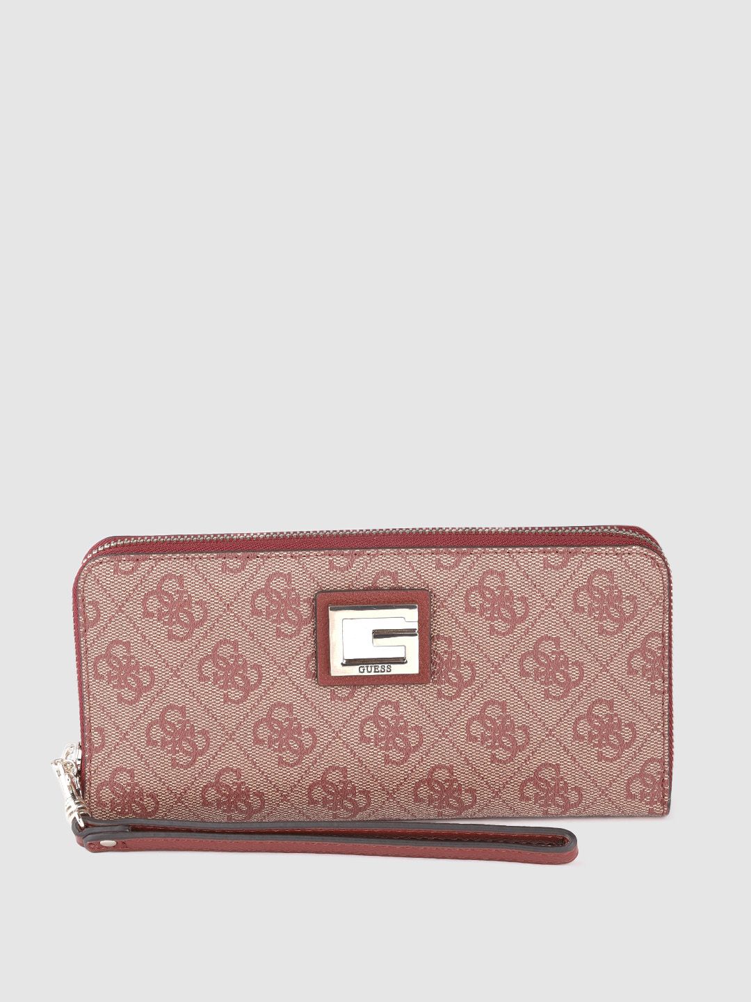 GUESS Women Maroon & Beige Brand Logo Print Zip Around Wallet Price in India