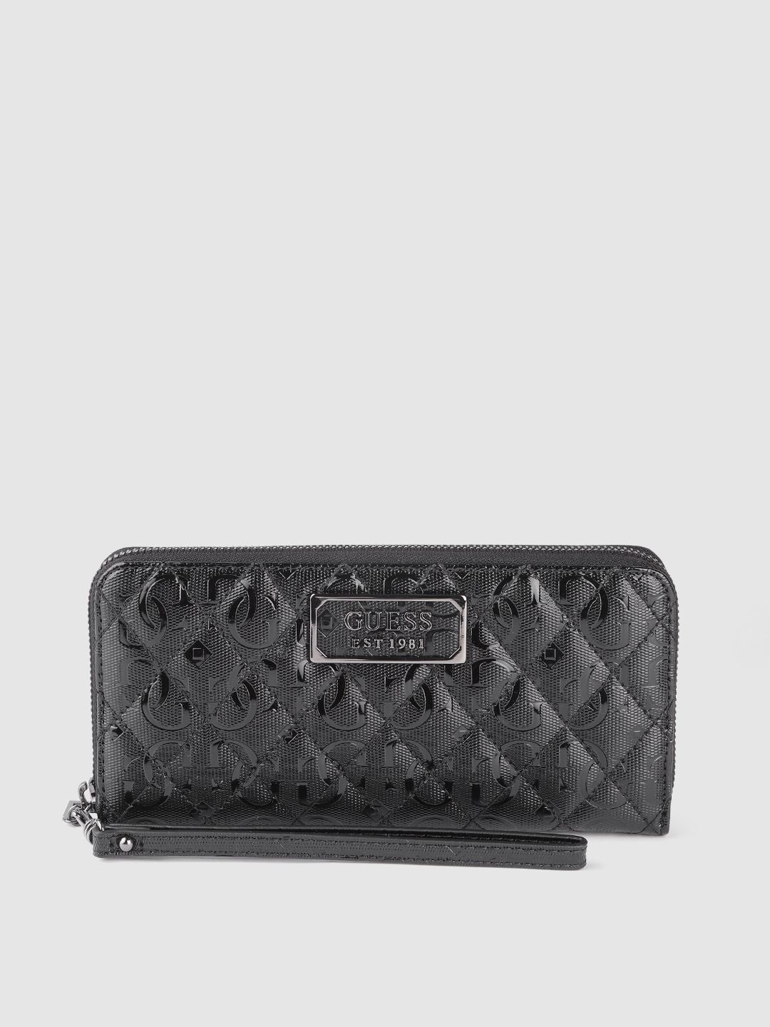 GUESS Women Black Brand Logo Textured & Quilted Zip Around Wallet Price in India