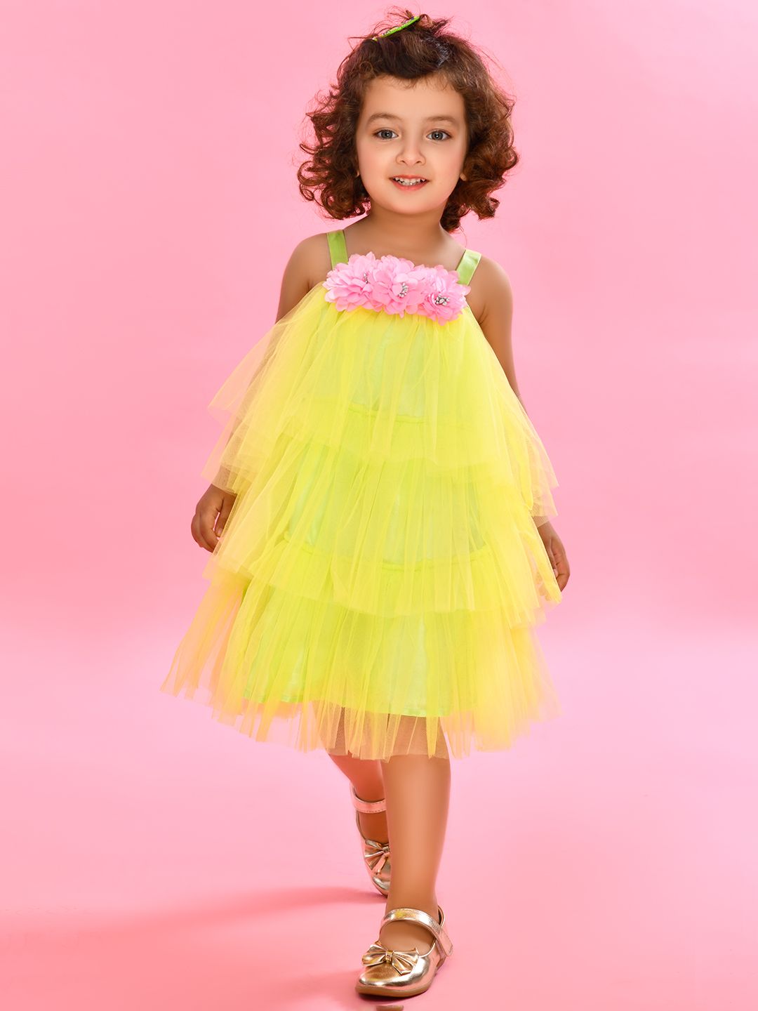 SAKA DESIGNS Lime Green Fringed Net A-Line Dress