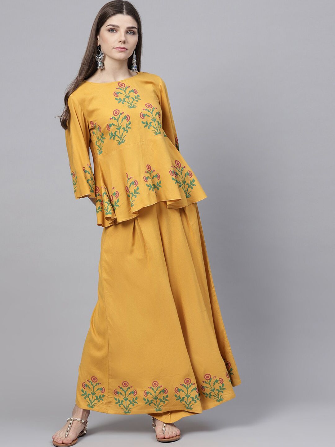 Bitterlime Mustard & Green Block Printed Flared Top with Palazzos Set Price in India