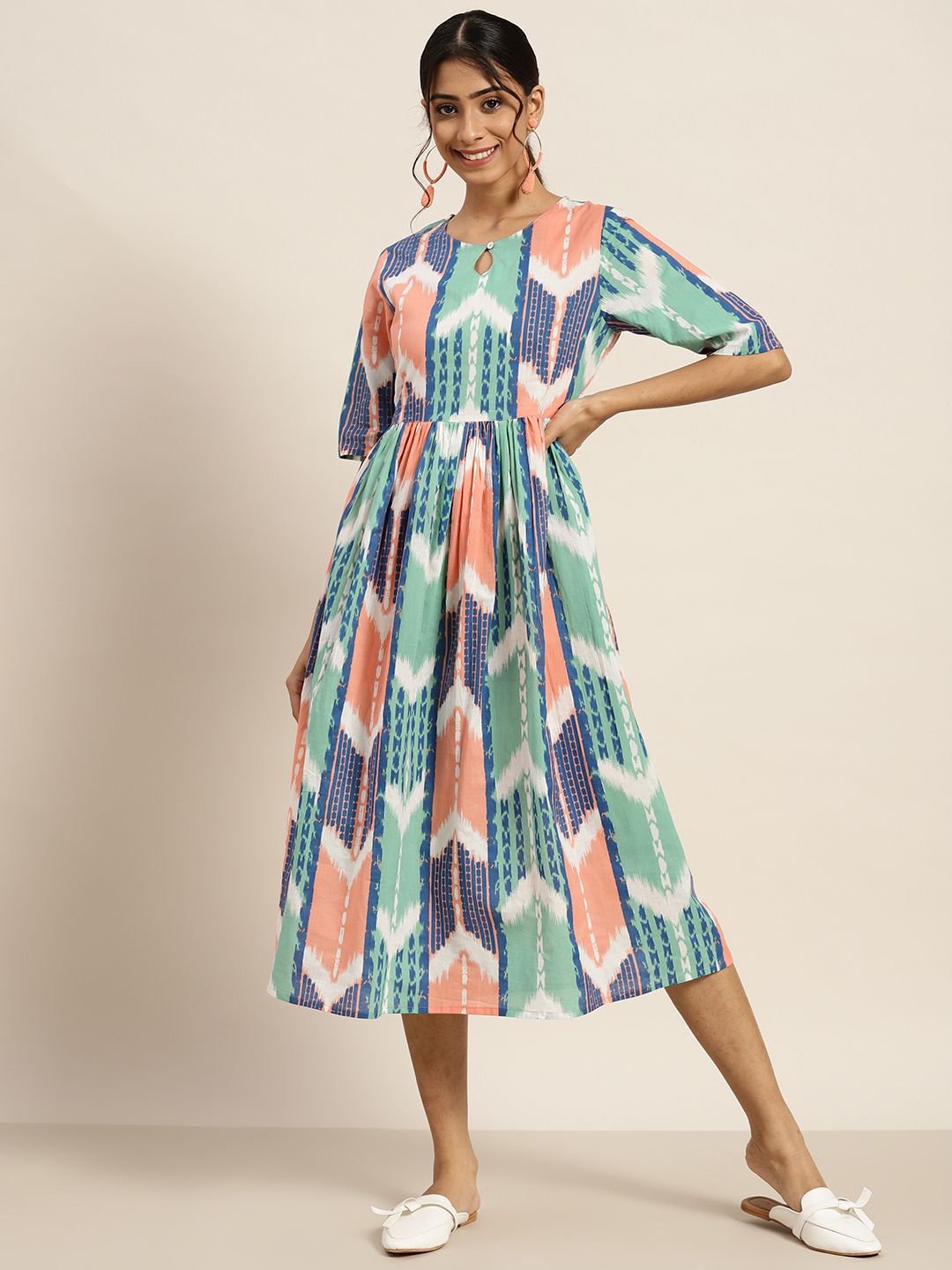 Sangria Blue & Green Pure Cotton Ikat Print A-Line Midi Dress Price in India