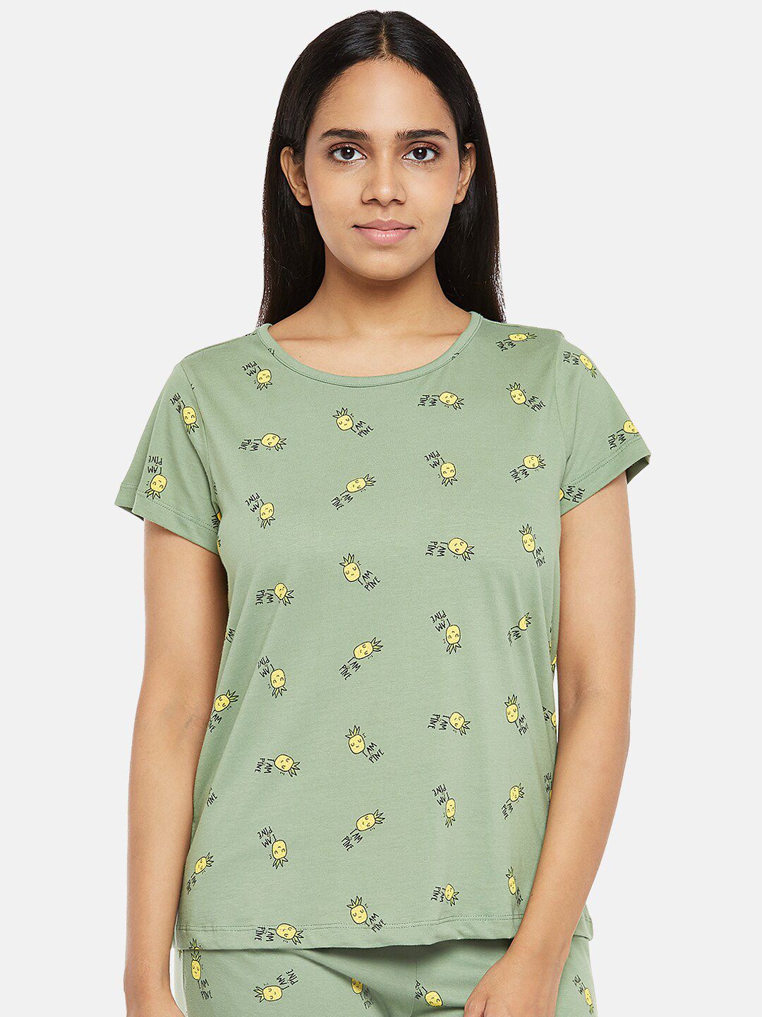 Dreamz by Pantaloons Women Green & Yellow Printed Pure Cotton Lounge T-Shirt Price in India