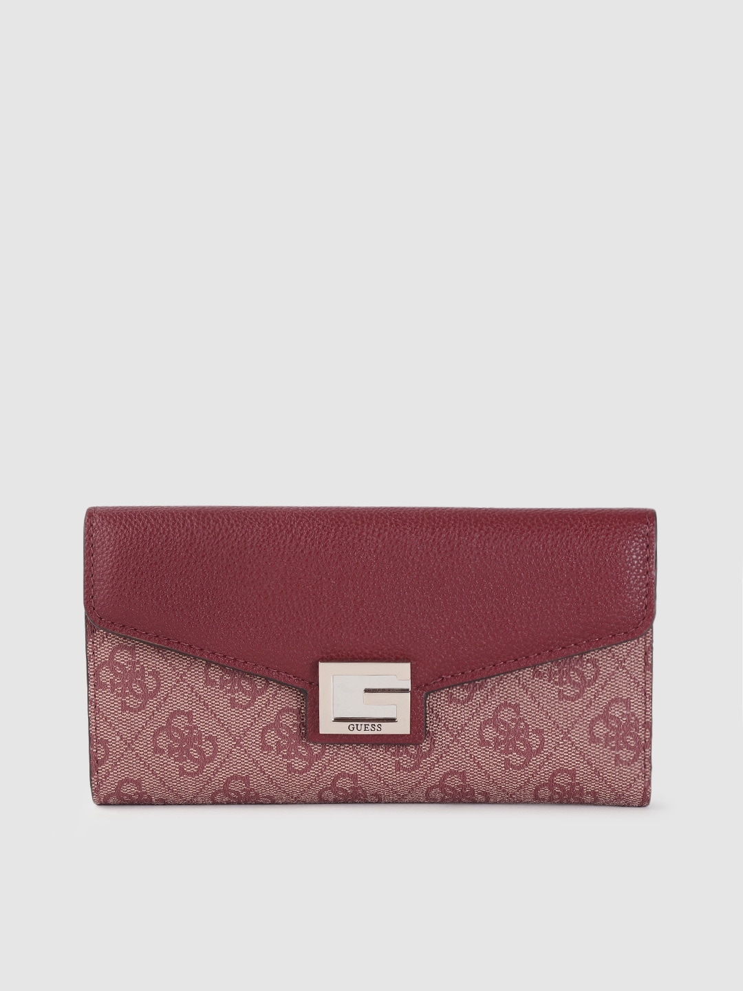 GUESS Women Maroon & Beige Brand Logo Printed Three Fold Wallet Price in India