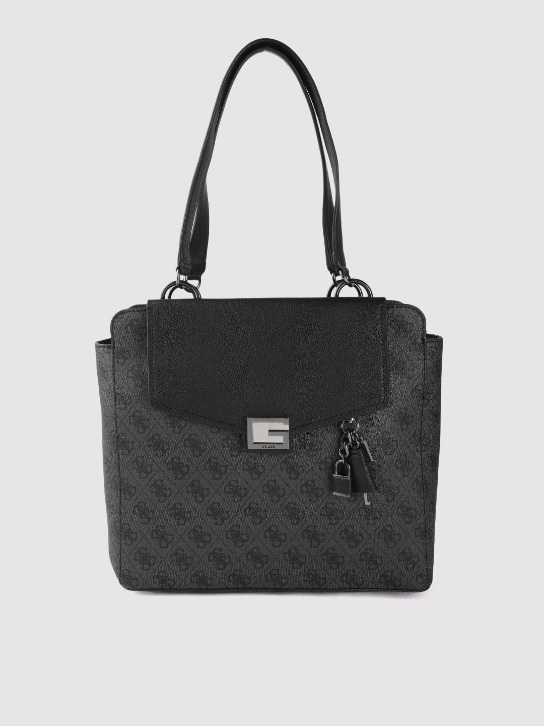 GUESS Women Charcoal Grey Brand Logo Print Structured Shoulder Bag Price in India