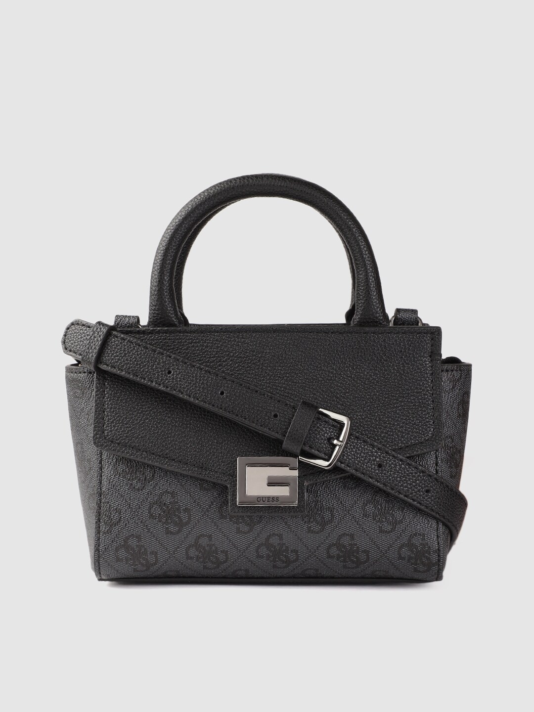 GUESS Women Charcoal Grey Brand Logo Print Structured Handheld Bag Price in India