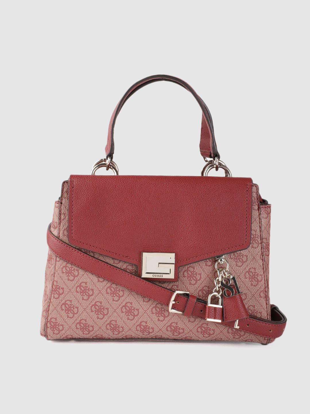 GUESS Maroon & Beige Brand Logo Print Structured Handheld Bag Price in India