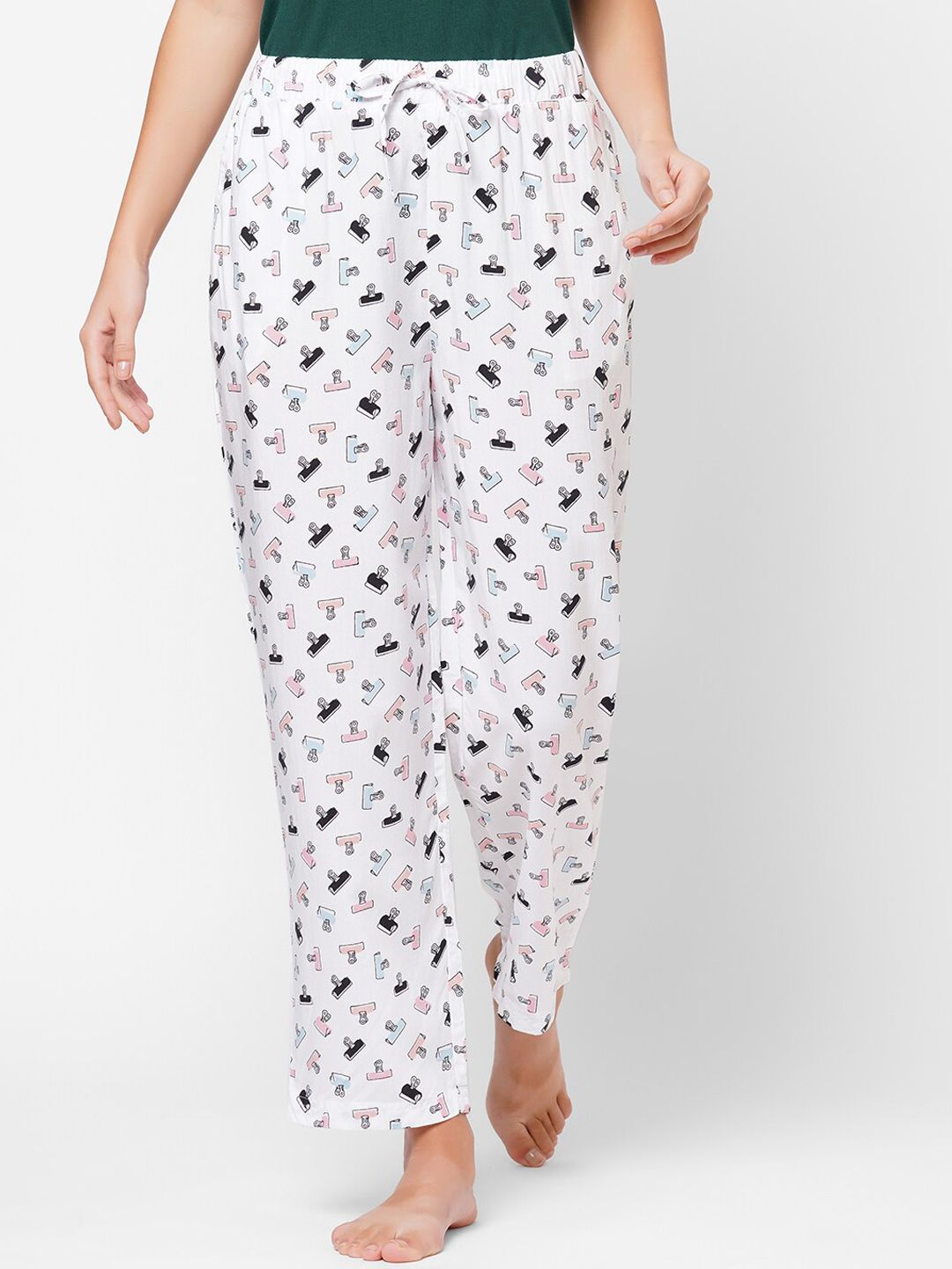 SOIE Women White Super-soft Rayon printed pyjamas Price in India