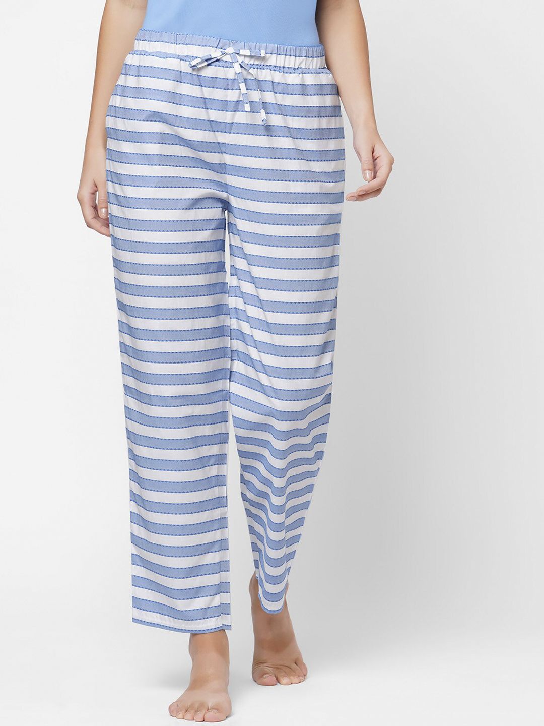 SOIE Women White & Blue Super-soft Rayon printed pyjamas Price in India