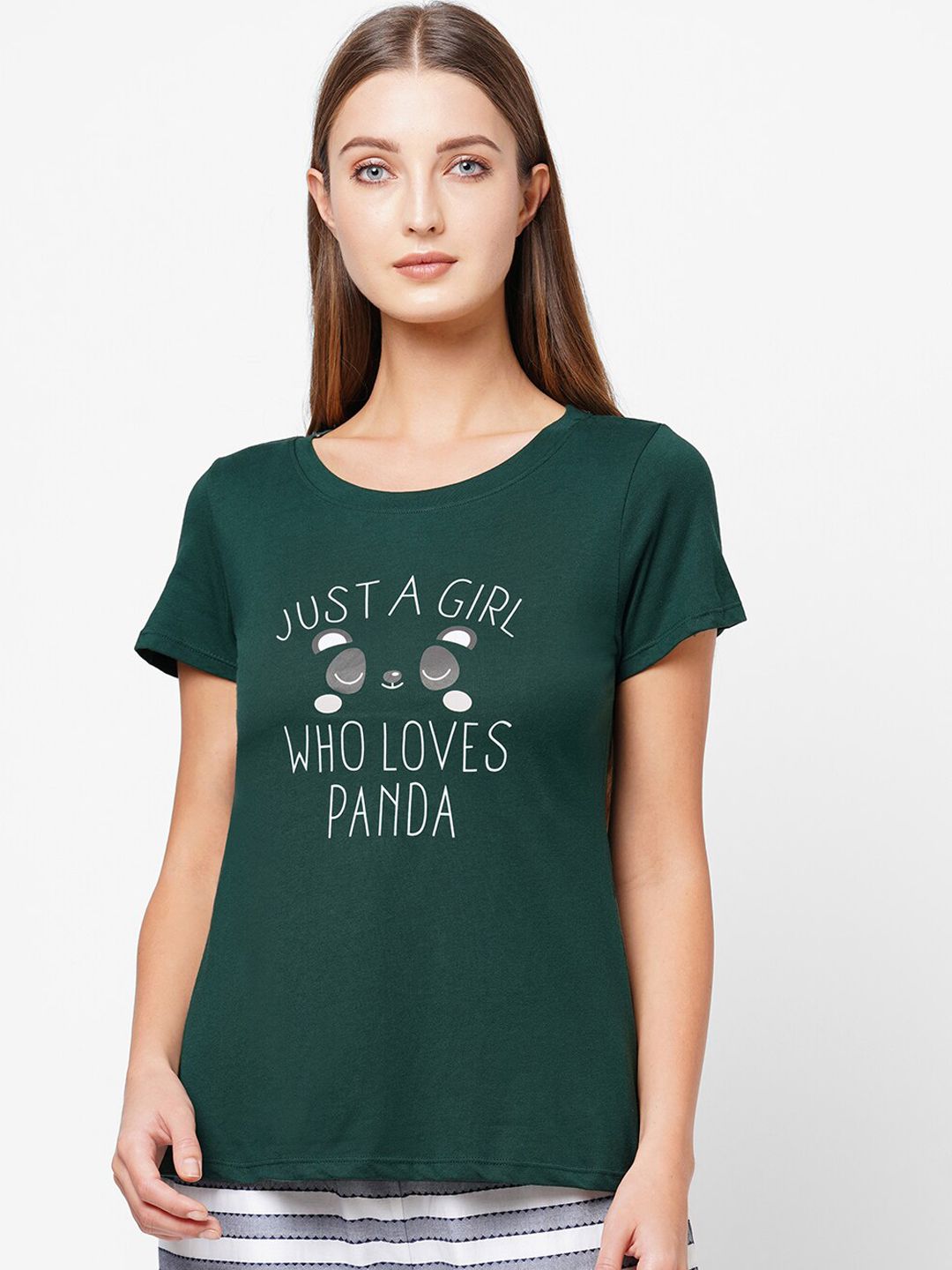 Soie Women Green & White Printed  Round Neck Lounge T-Shirt Price in India