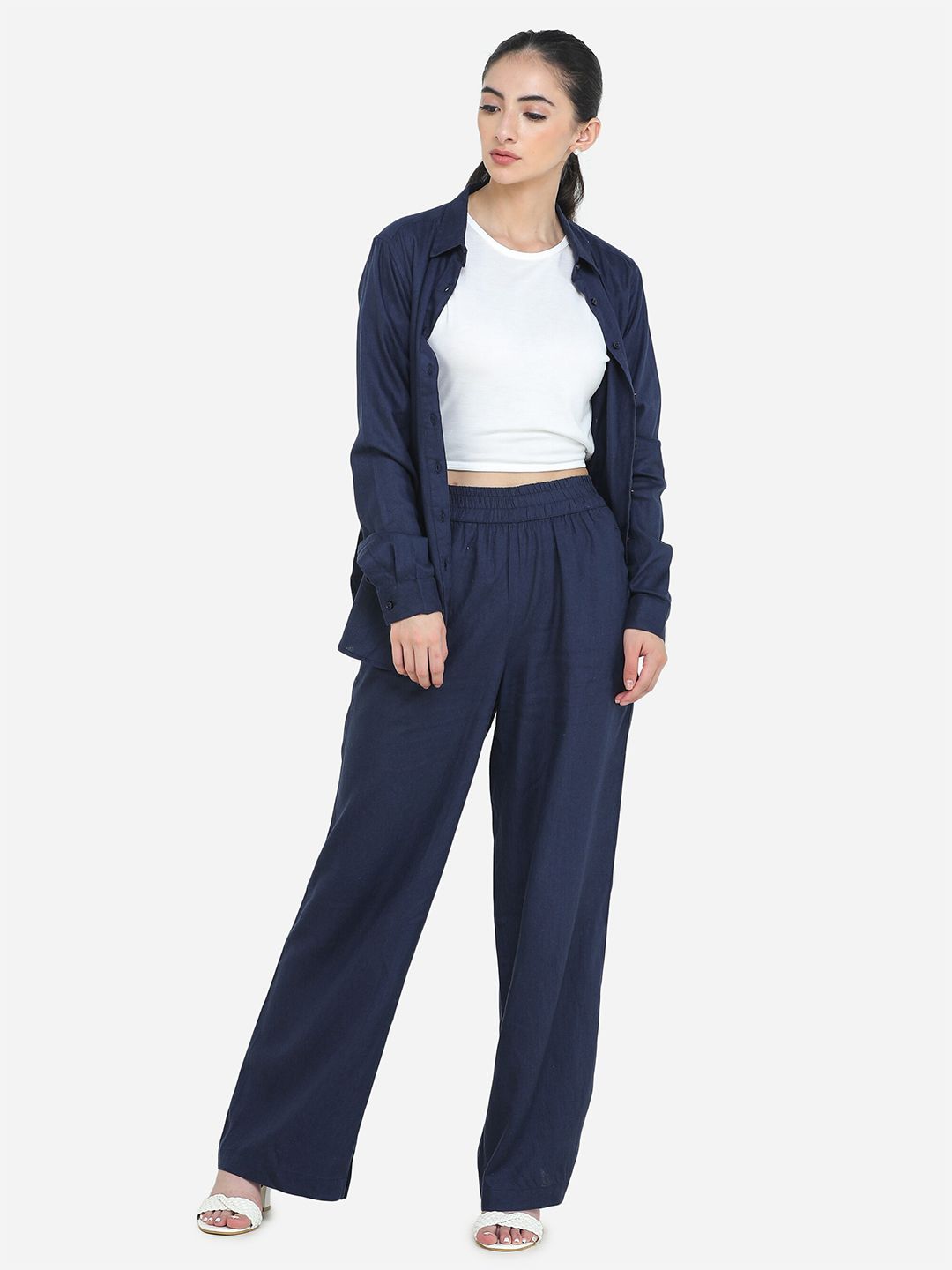 DECHEN Women Navy Blue Linen Shirt with Trousers