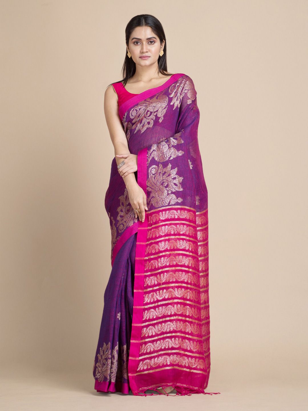 Mitera Purple & Magenta Ethnic Motifs Zari Pure Linen Saree Price in India