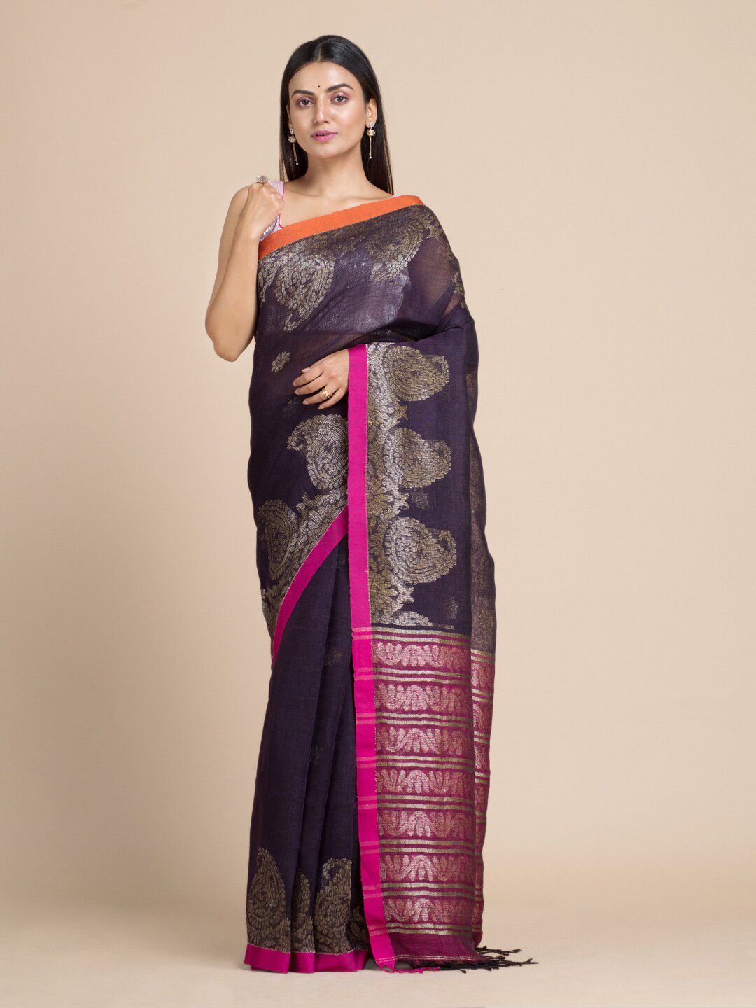 Mitera Blue & Magenta Ethnic Motifs Zari Pure Linen Saree Price in India