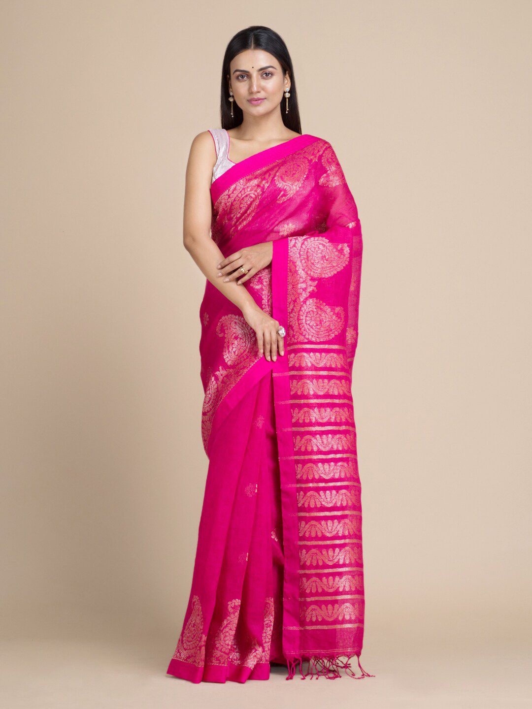 Mitera Pink & Silver-Toned Ethnic Motifs Zari Pure Linen Saree Price in India