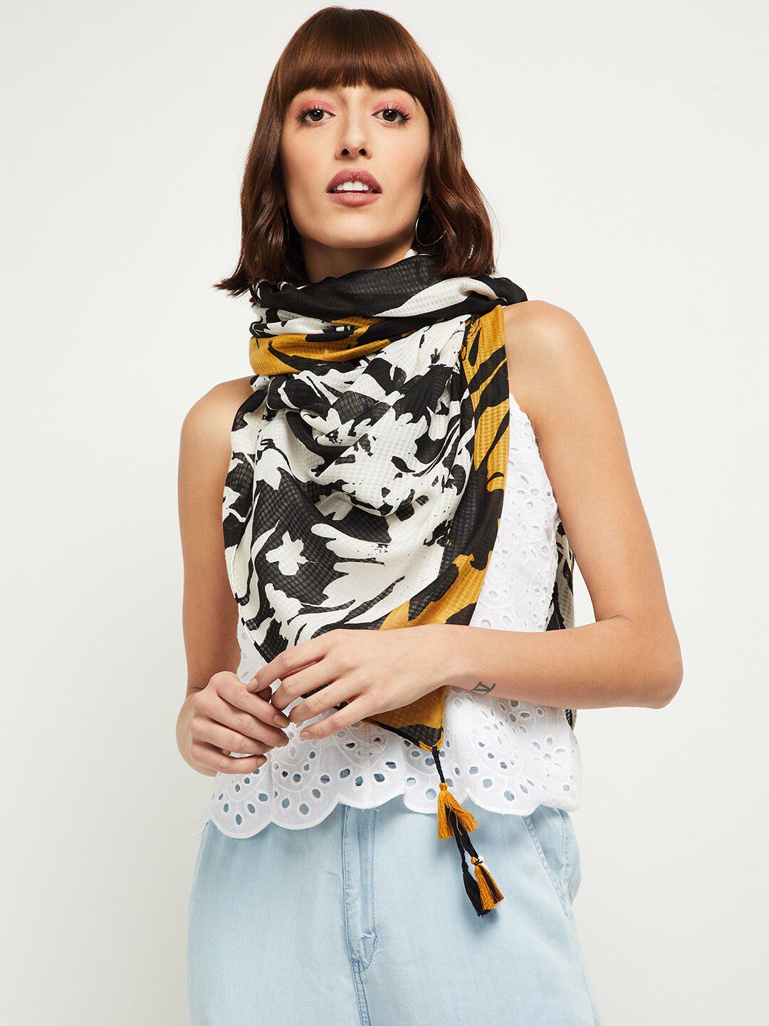 max Women White & Mustard Printed Scarf Price in India