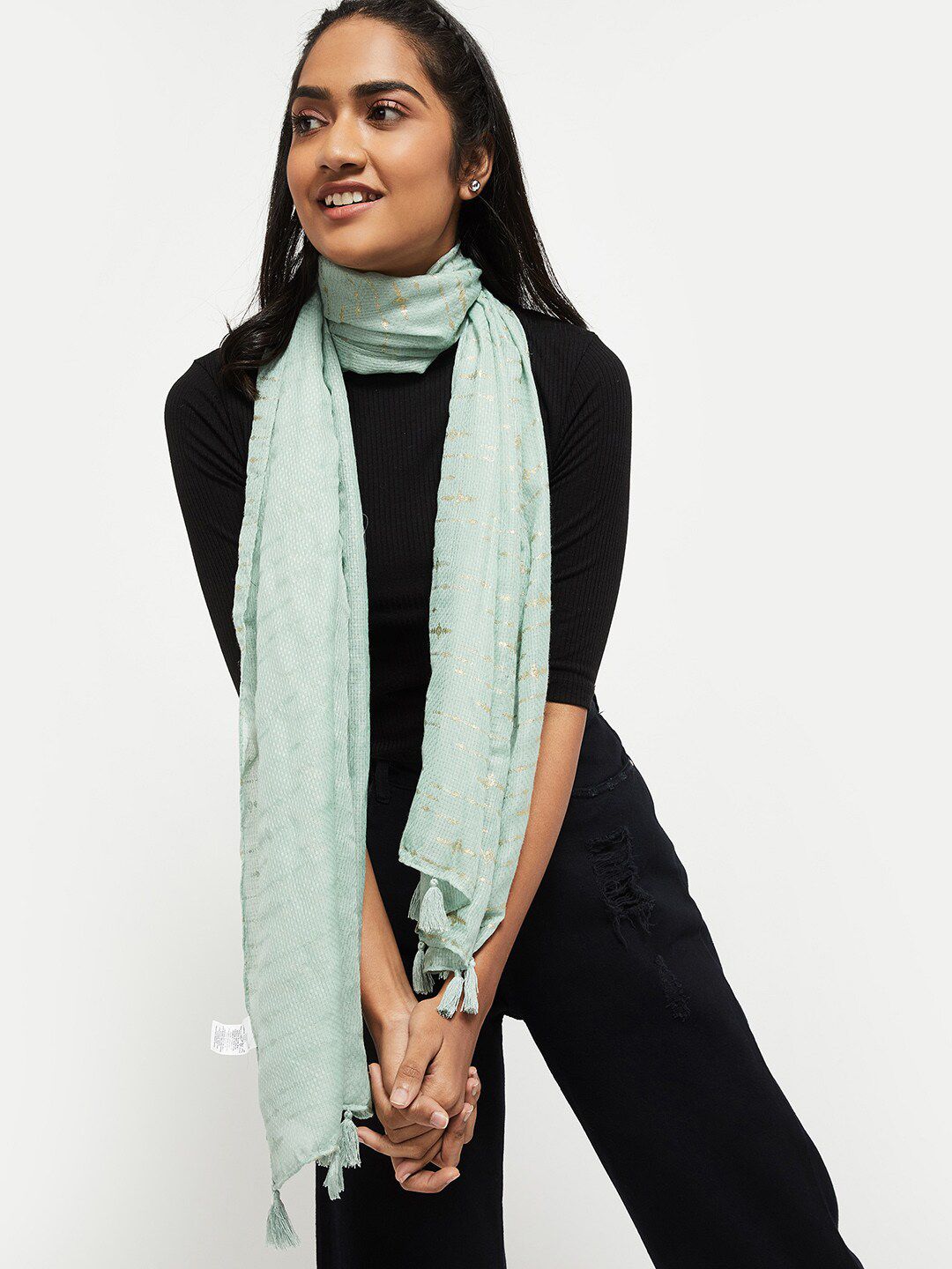 max Women Green & Gold Solid Scarf Price in India