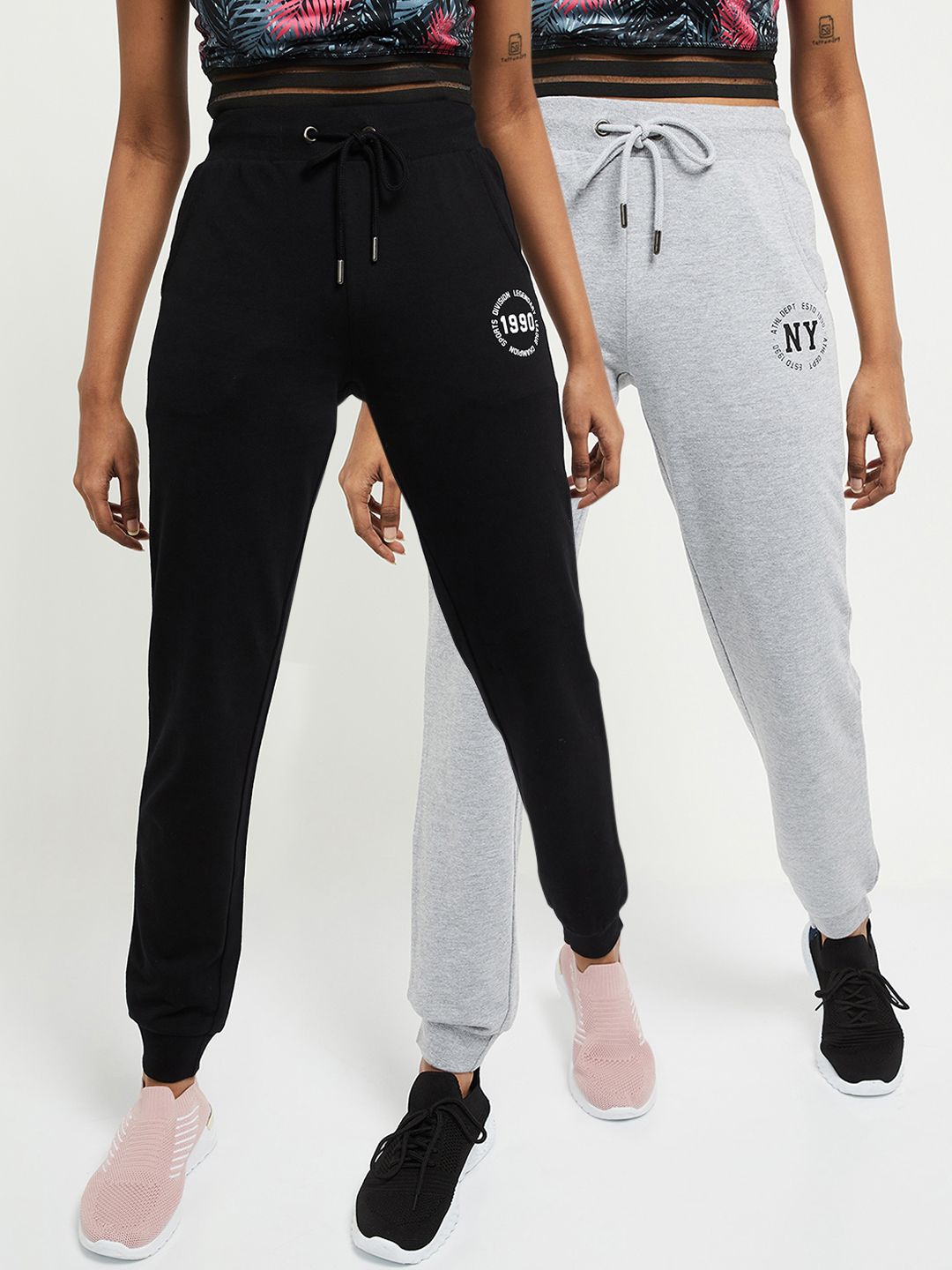 max Women Pack Of 2 Black & Grey Solid Joggers Price in India