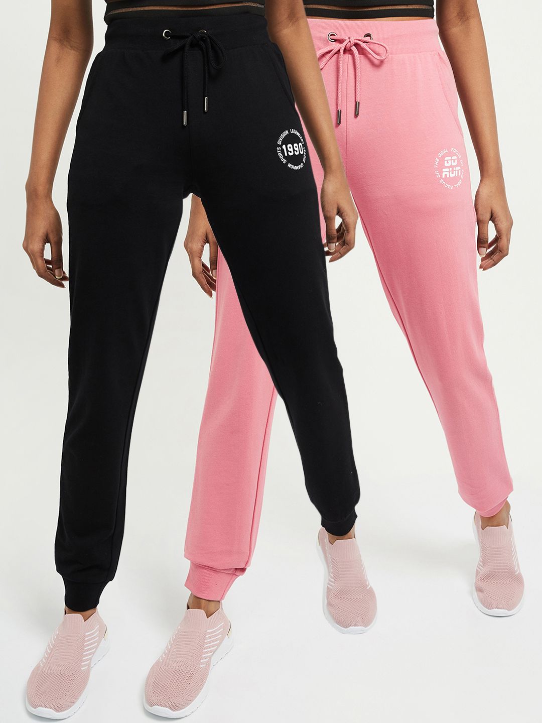 max Women Pack Of 2 Black & Pink Solid Joggers Price in India