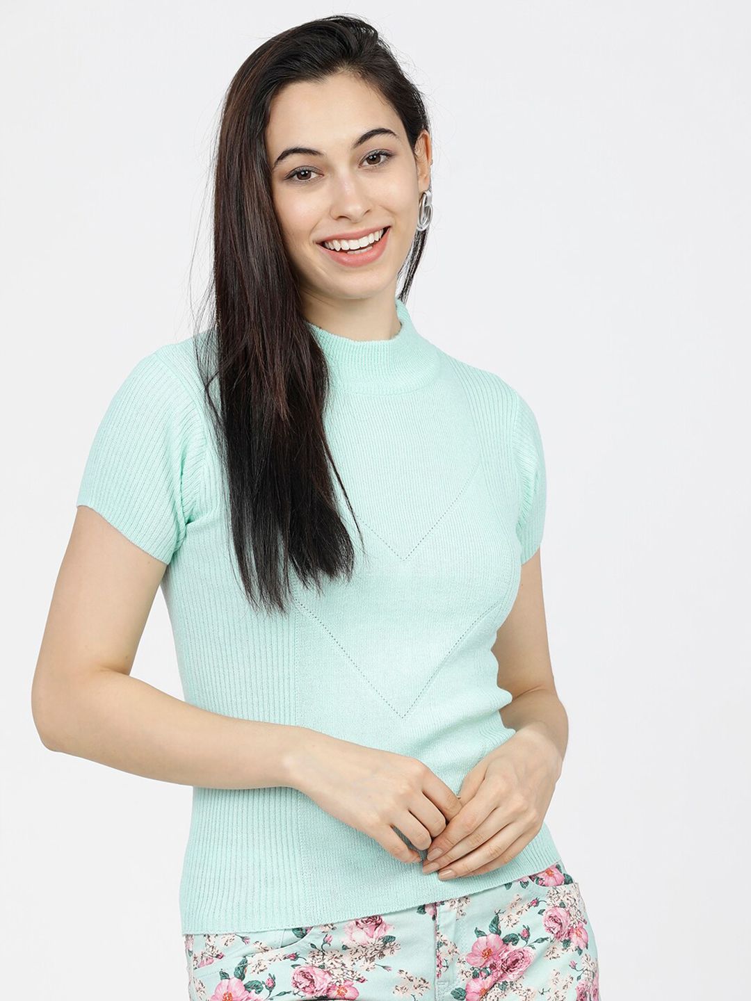Tokyo Talkies Women Turquoise Blue Pullover Sweater Price in India