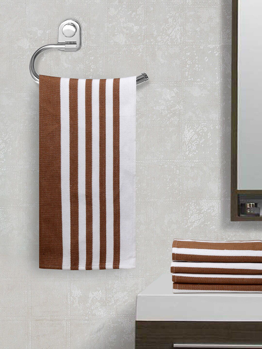 Arrabi Set Of 5 Brown & White Handwoven 210 GSM Cotton Hand Towels Price in India