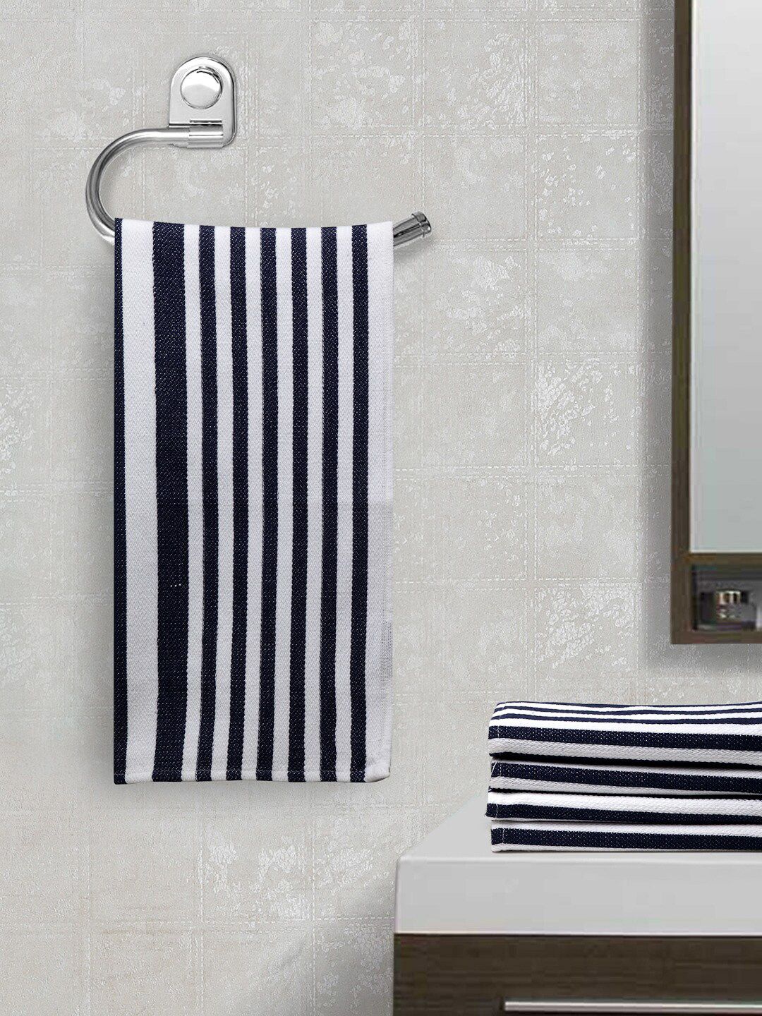 Arrabi Set Of 5 Navy Blue & White Striped Hand-Woven 210 GSM Cotton Hand Towels Price in India