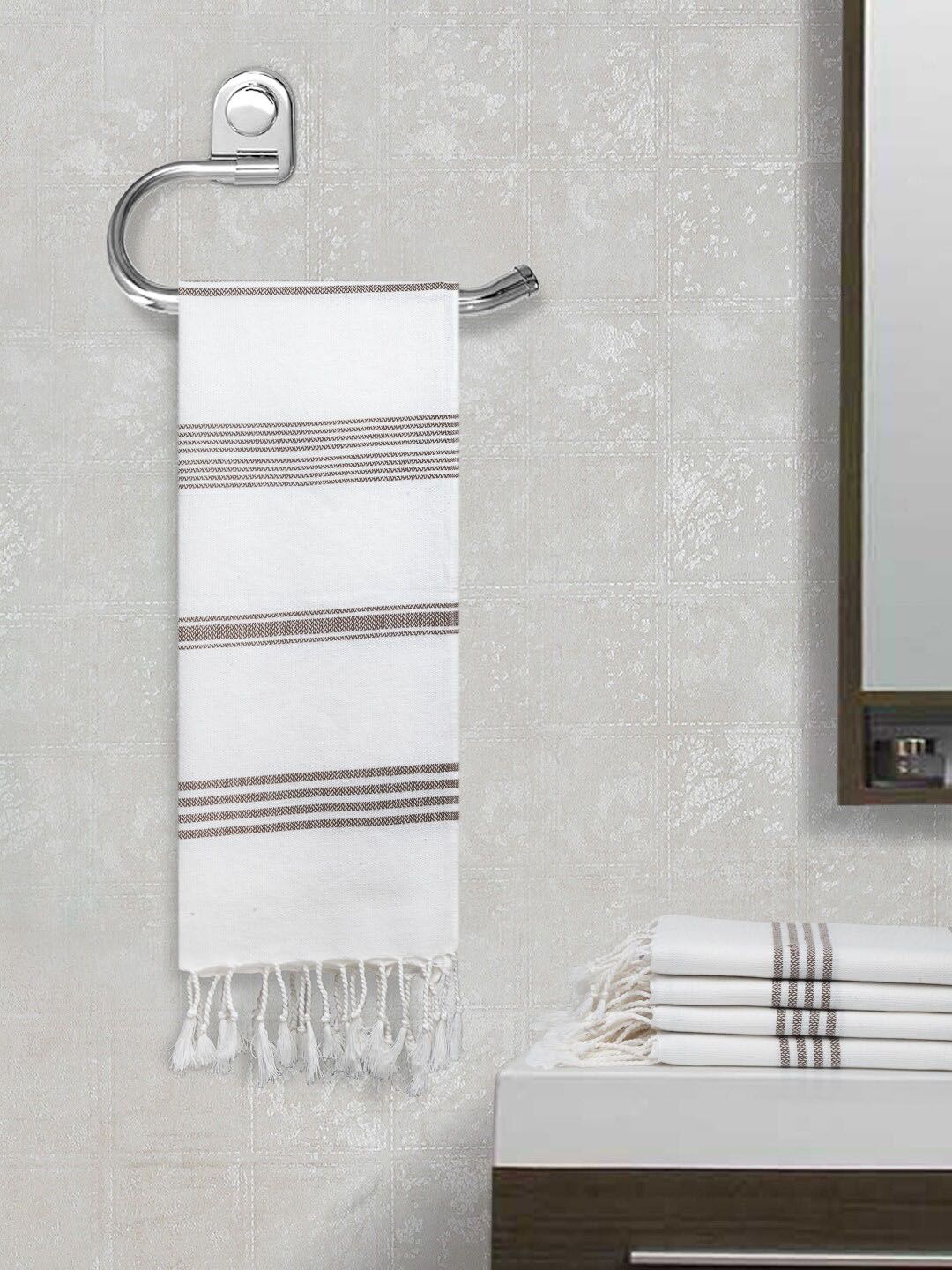Arrabi Set Of 5 Brown & White Striped Hand-Woven 210 GSM Cotton Hand Towels Price in India