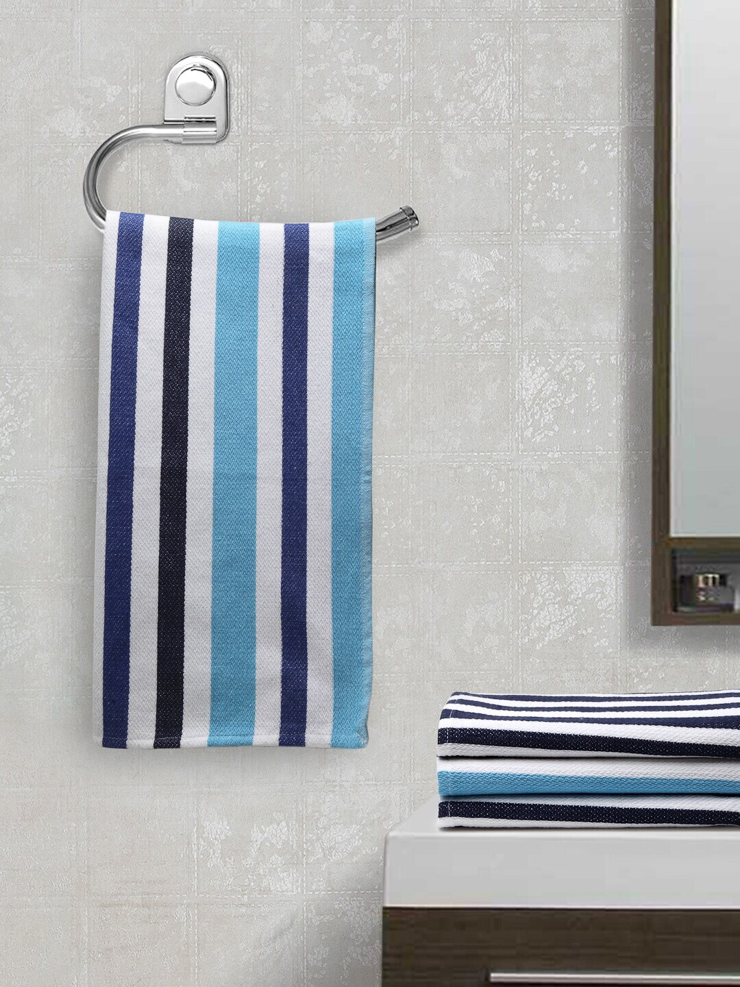 Arrabi Set Of 4 White & Blue Striped Handwoven Cotton 210 GSM Hand Towels Price in India