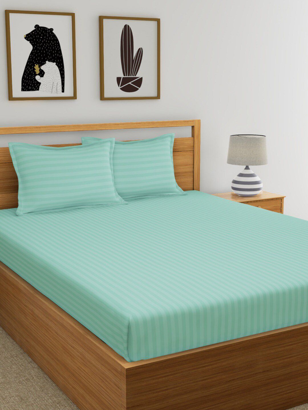 Dreamscape Sea Green Striped 210 TC King Bedsheet with 2 Pillow Covers Price in India