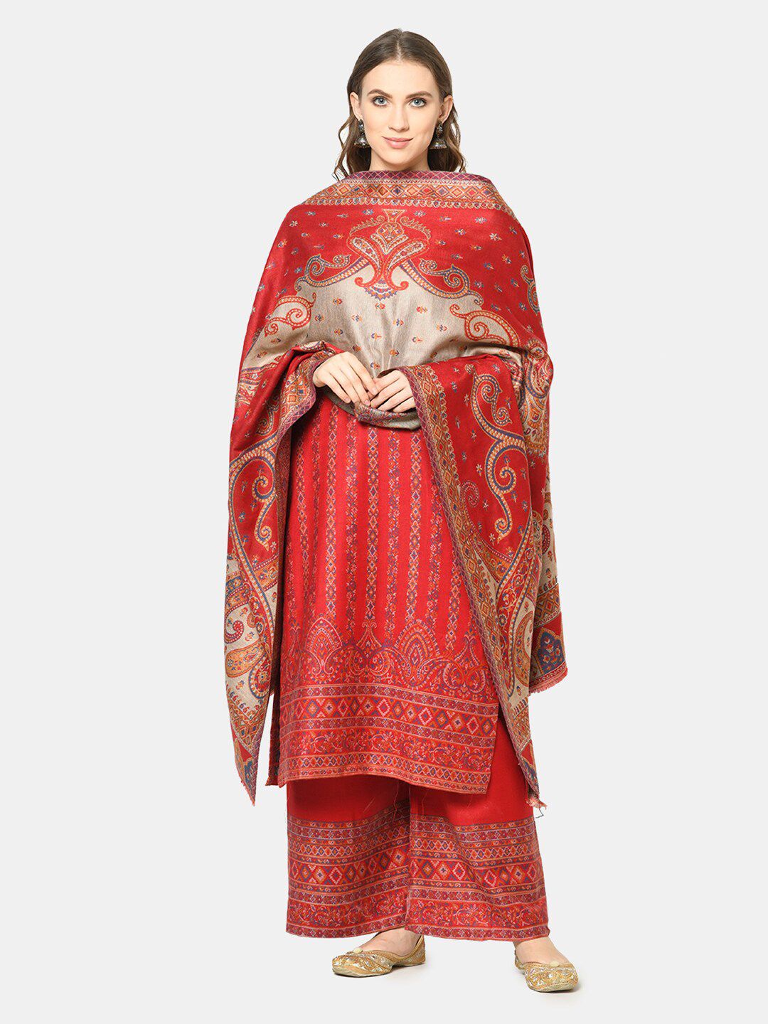 Safaa Red & Gold-Coloured Woven Design Unstitched Dress Material Price in India