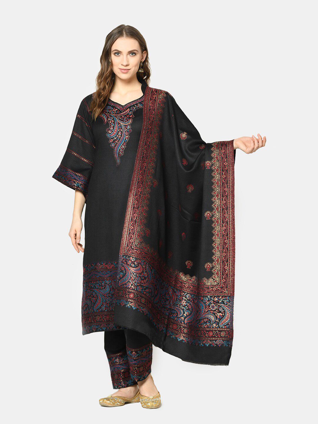 Safaa Black & Red Woven Design Unstitched Dress Material Price in India