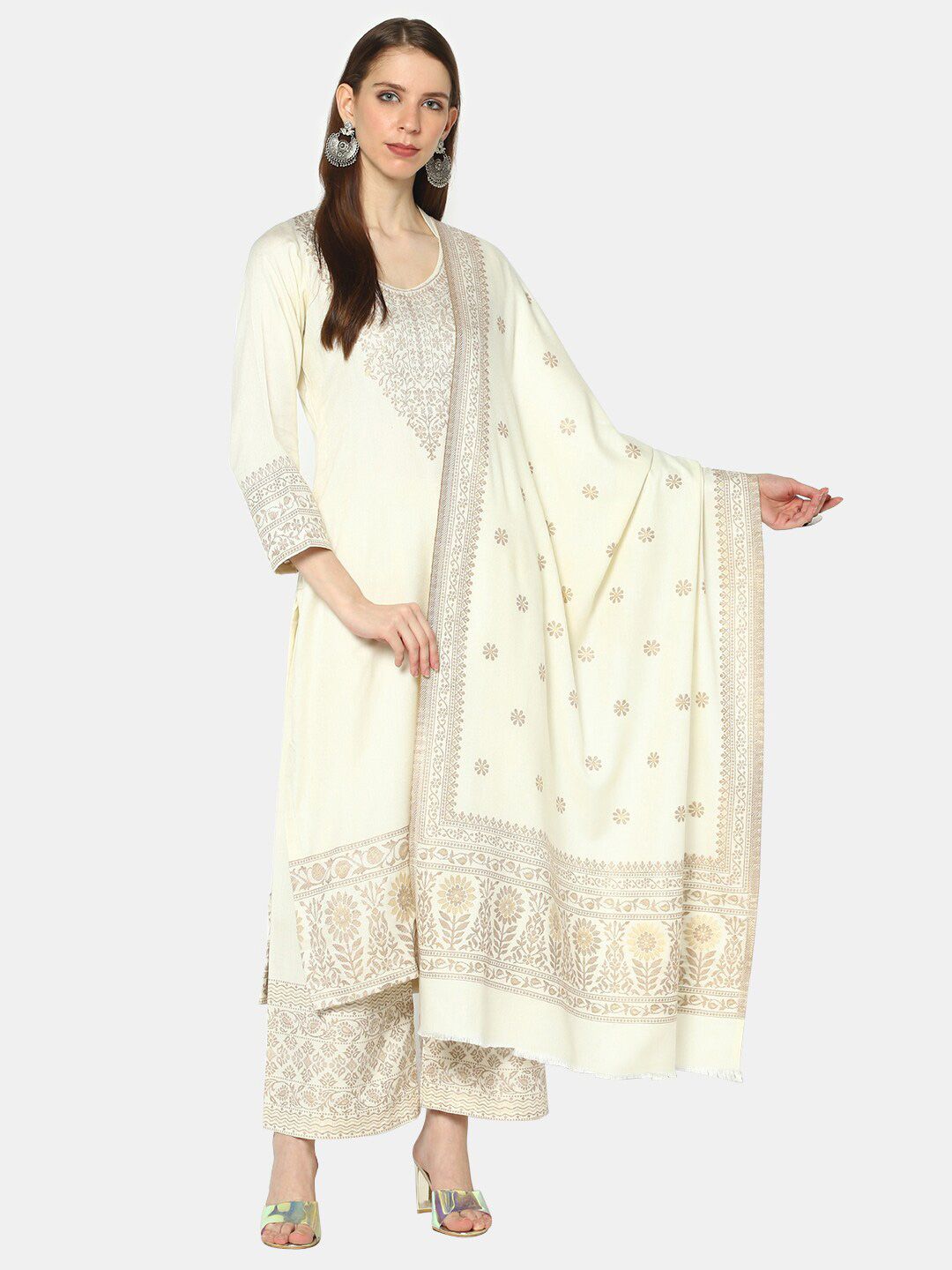 Safaa Cream-Coloured & Grey Woven Design Unstitched Dress Material Price in India