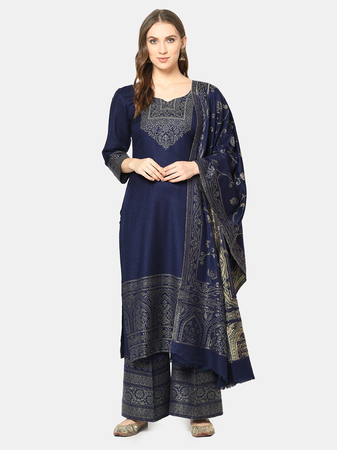 Safaa Navy Blue & Grey Woven Design Unstitched Dress Material Price in India