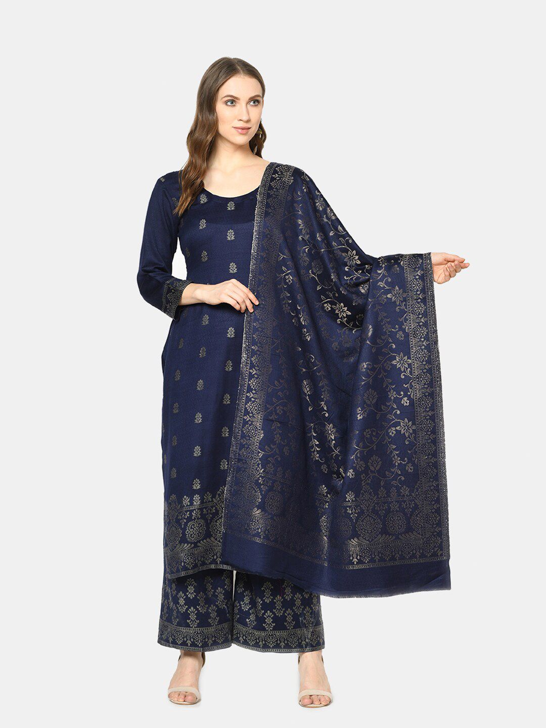 Safaa Navy Blue & Grey Woven Design Unstitched Dress Material Price in India