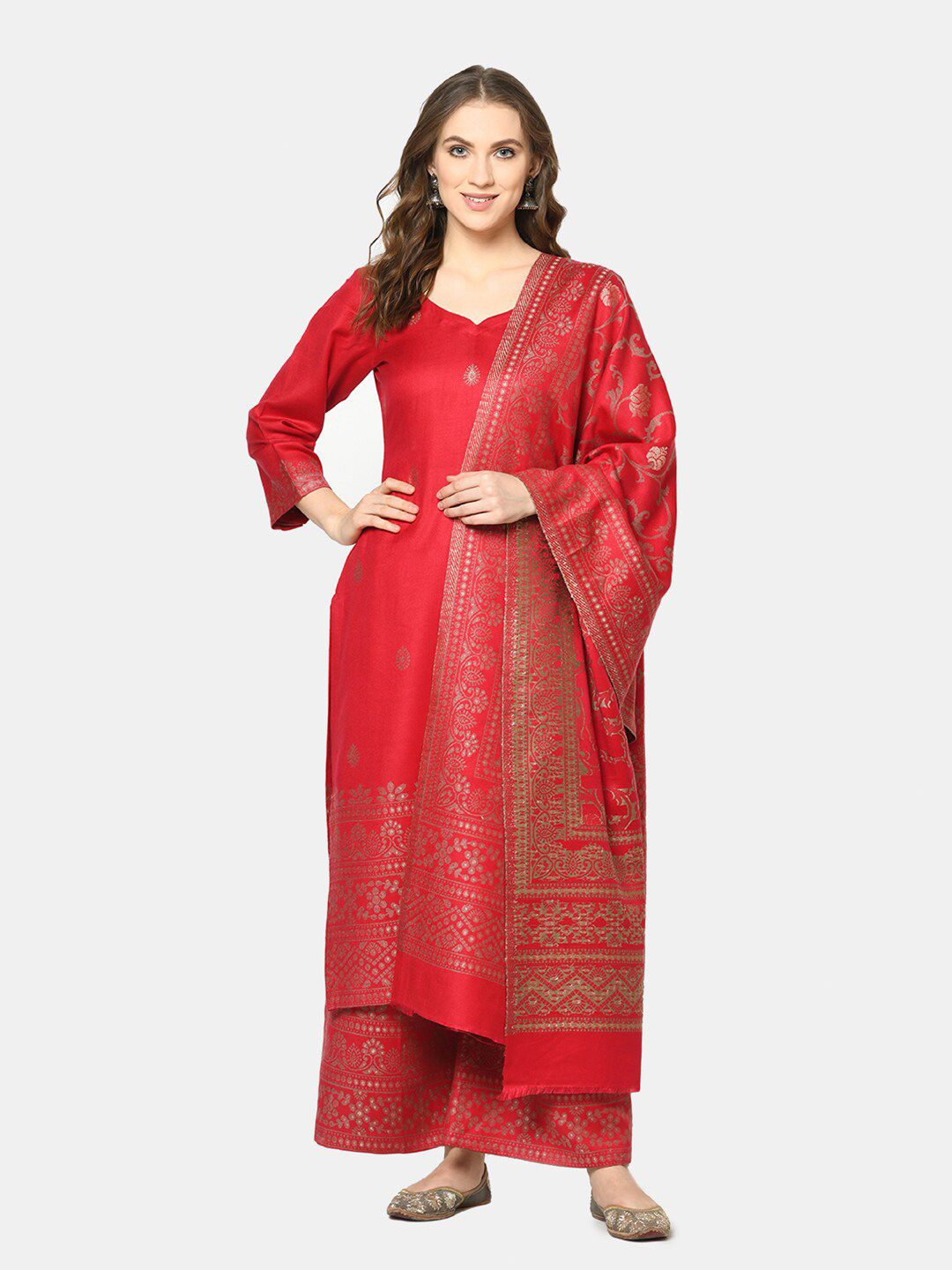 Safaa Red & Gold-Coloured Woven Design Viscose Rayon Unstitched Dress Material Price in India
