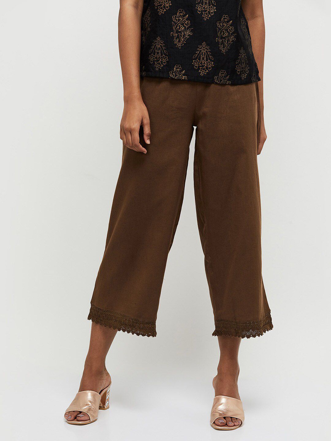max Women Brown Cropped Cotton Palazzos