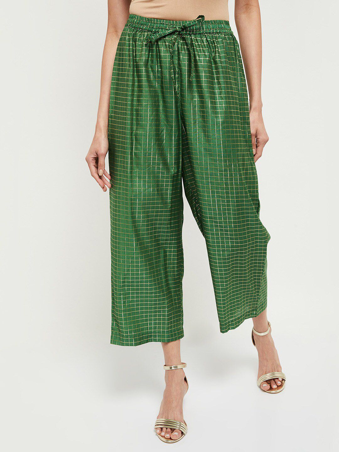 max Women Green & Gold-Toned Checked Ethnic Palazzos Price in India