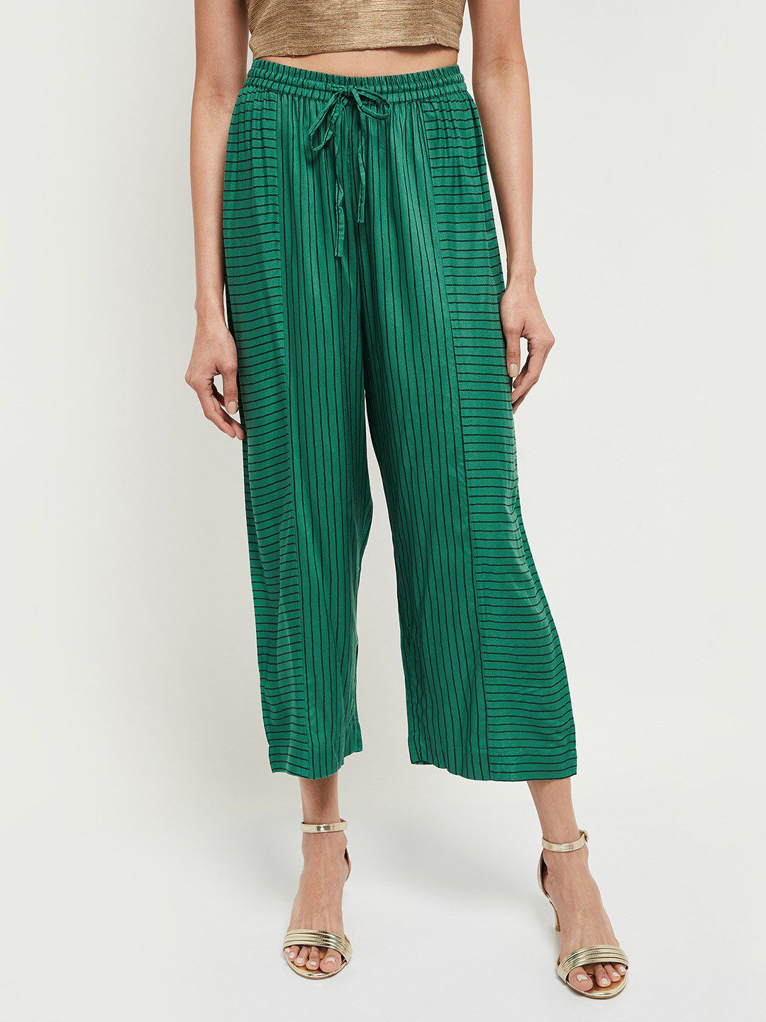 max Women Green & Black Checked Cropped Ethnic Palazzos Price in India