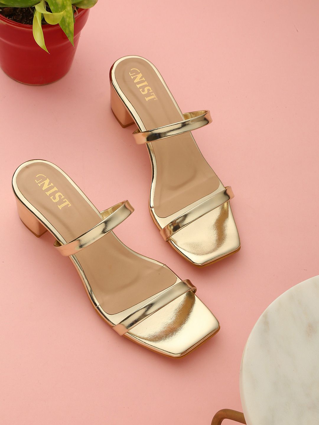 GNIST Gold-Toned Block Sandals Price in India