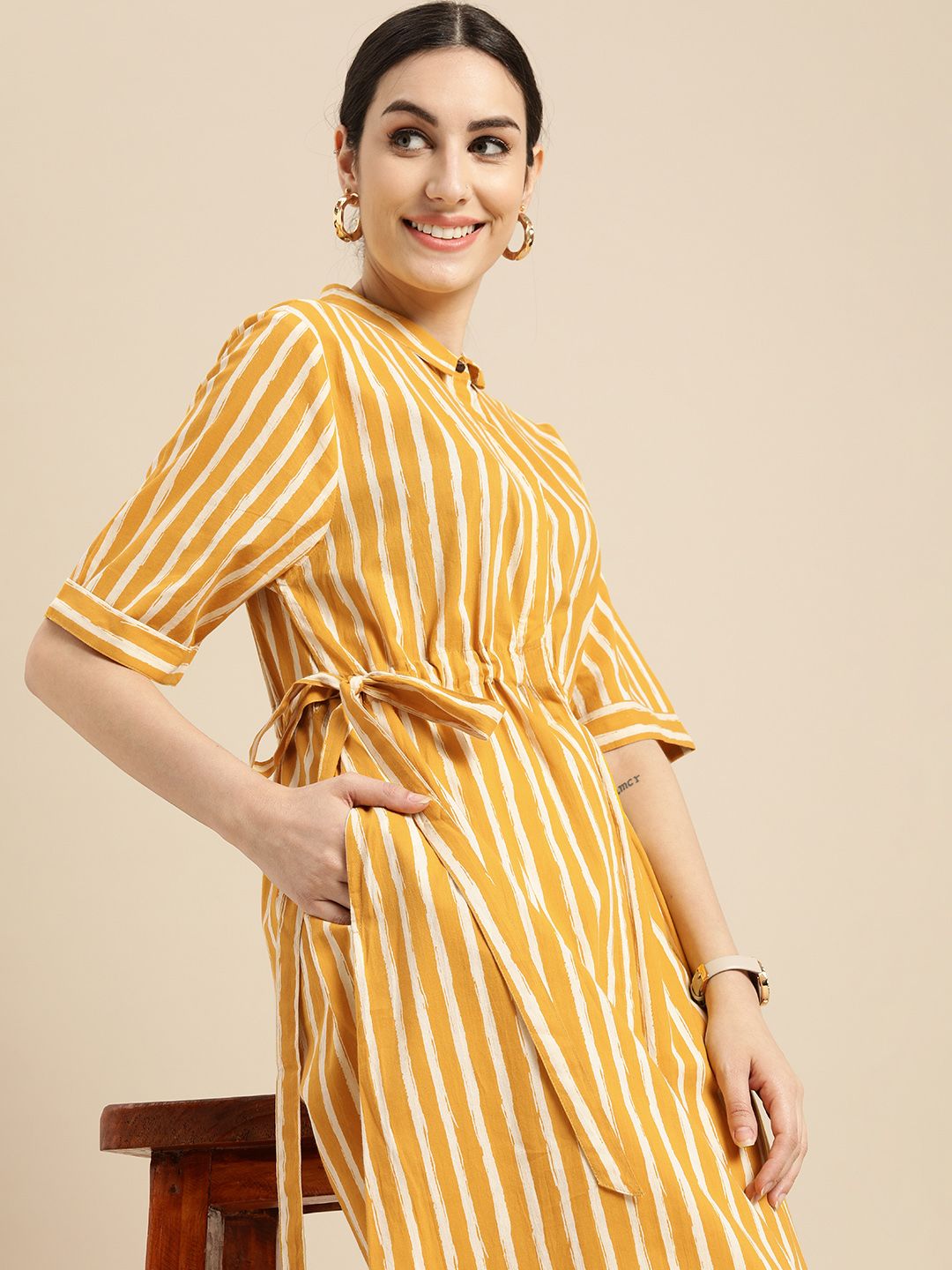 Anouk Women Mustard Yellow & White Striped Waist Tie-Ups Detail Pure Cotton Kurta Price in India