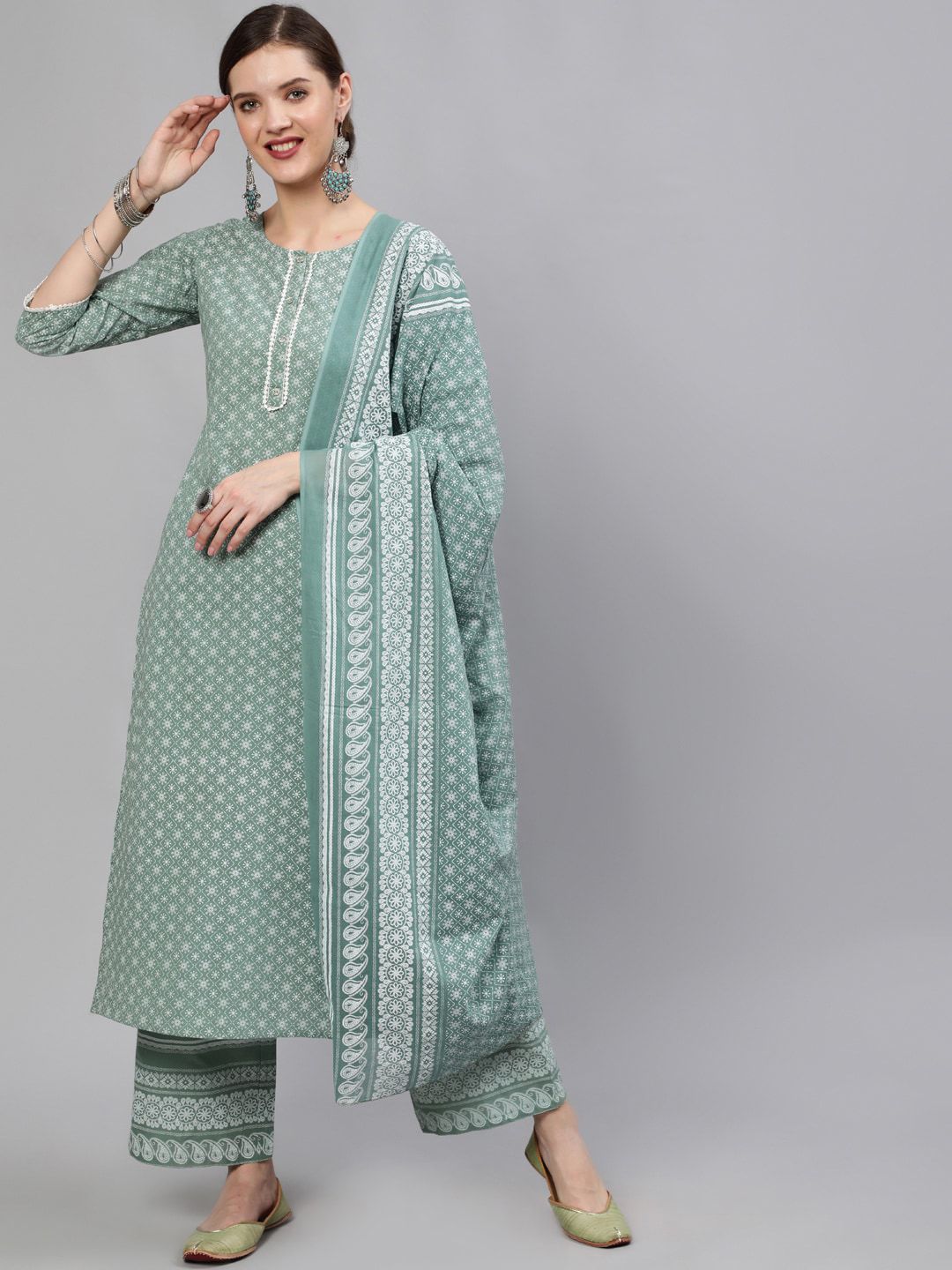 Nayo Women Green Ethnic Motifs Printed Regular Pure Cotton Kurta with Palazzos & With Dupatta Price in India