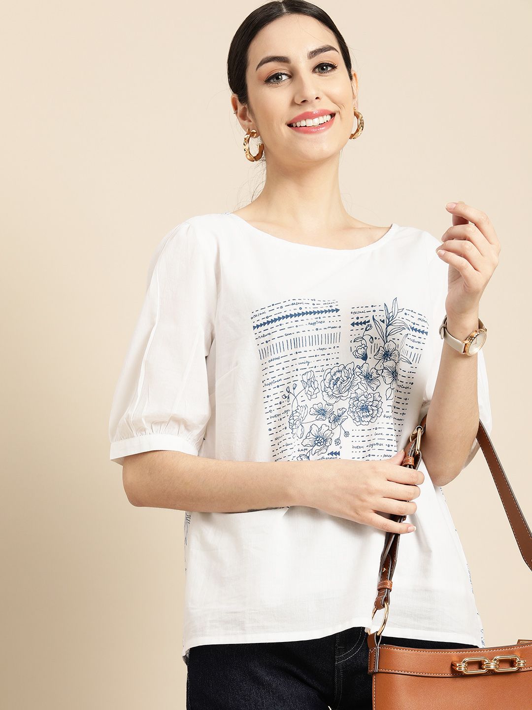 Anouk Women White & Blue Floral Print Puff-Sleeve Pure Cotton A-Line Top Price in India