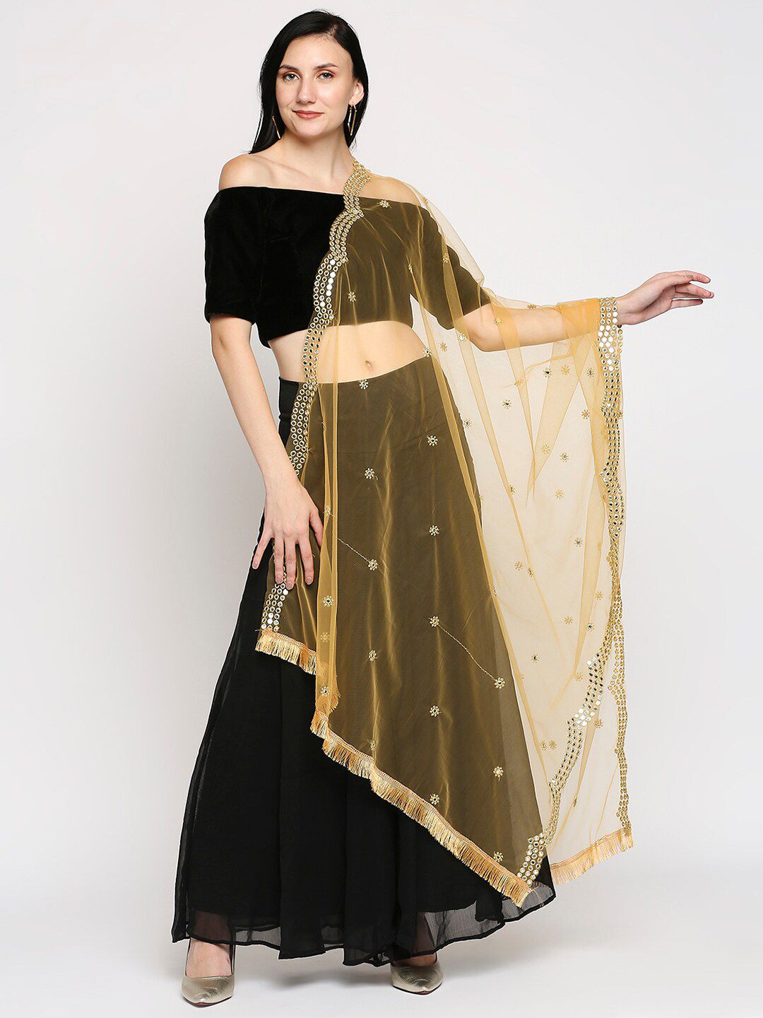 Ira Soleil Gold-Toned Embellished Designer Net Dupatta With Lace Work Price in India