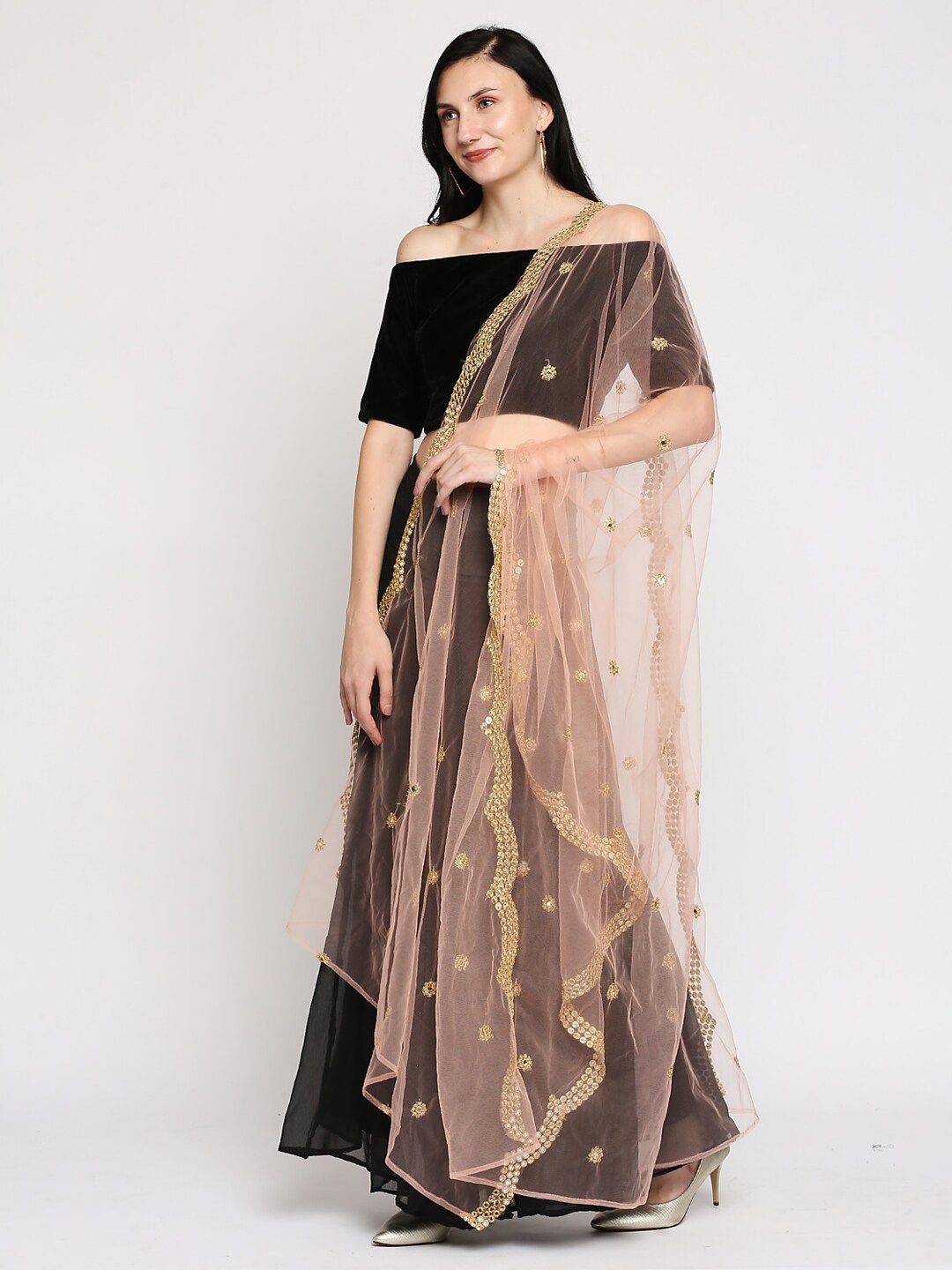 Ira Soleil Pink & Gold-Toned Embellished Designer Net Dupatta With Lace Work Price in India