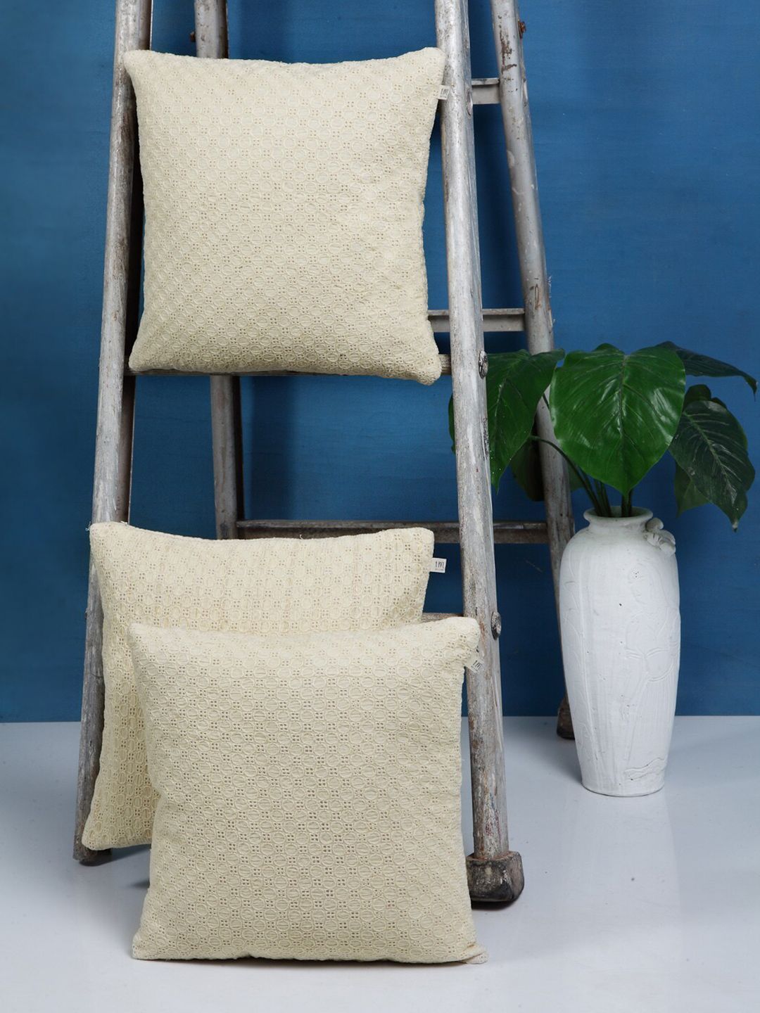I AM FOR YOU Beige Set of 3 Embroidered Square Cushion Covers Price in India
