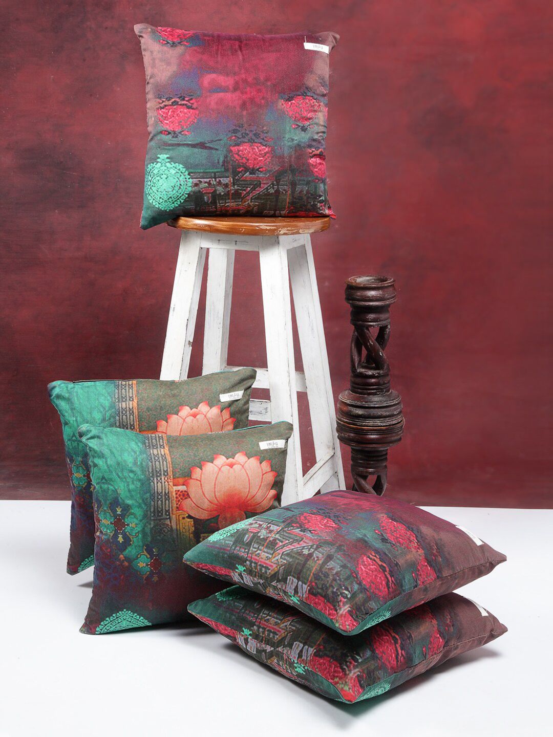 I AM FOR YOU Green & Red Set of 5 Ethnic Motifs Square Pure Cotton Cushion Covers Price in India