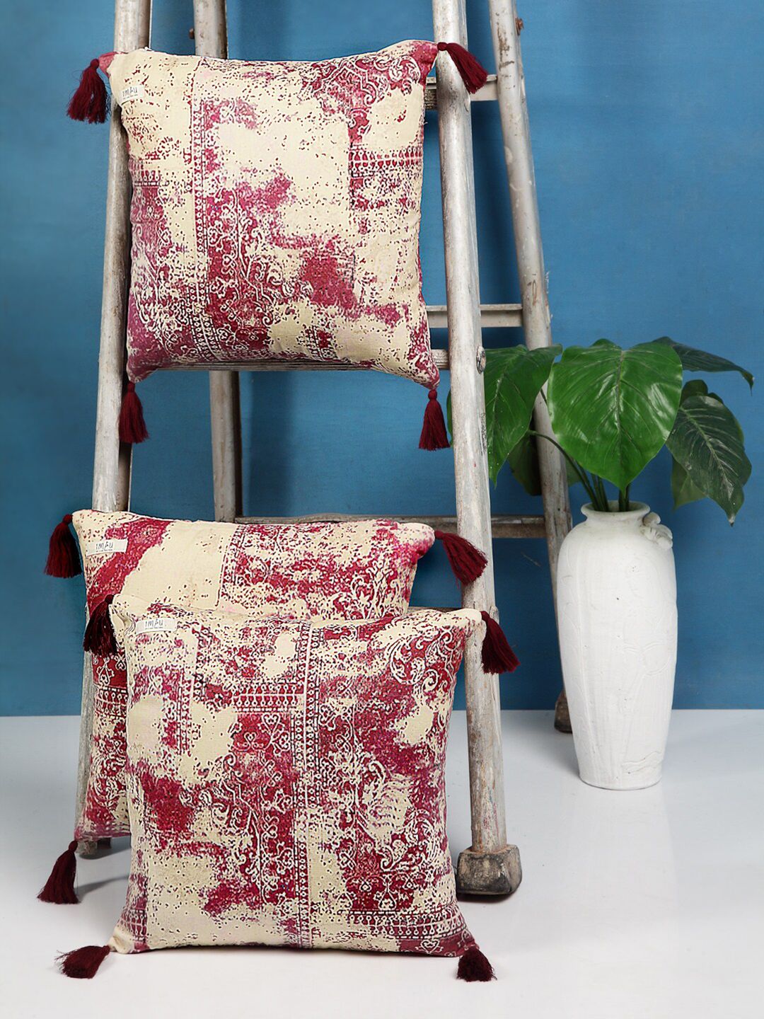 I AM FOR YOU Beige & Red Set of 3 Ethnic Motifs Square Pure Cotton Cushion Covers Price in India