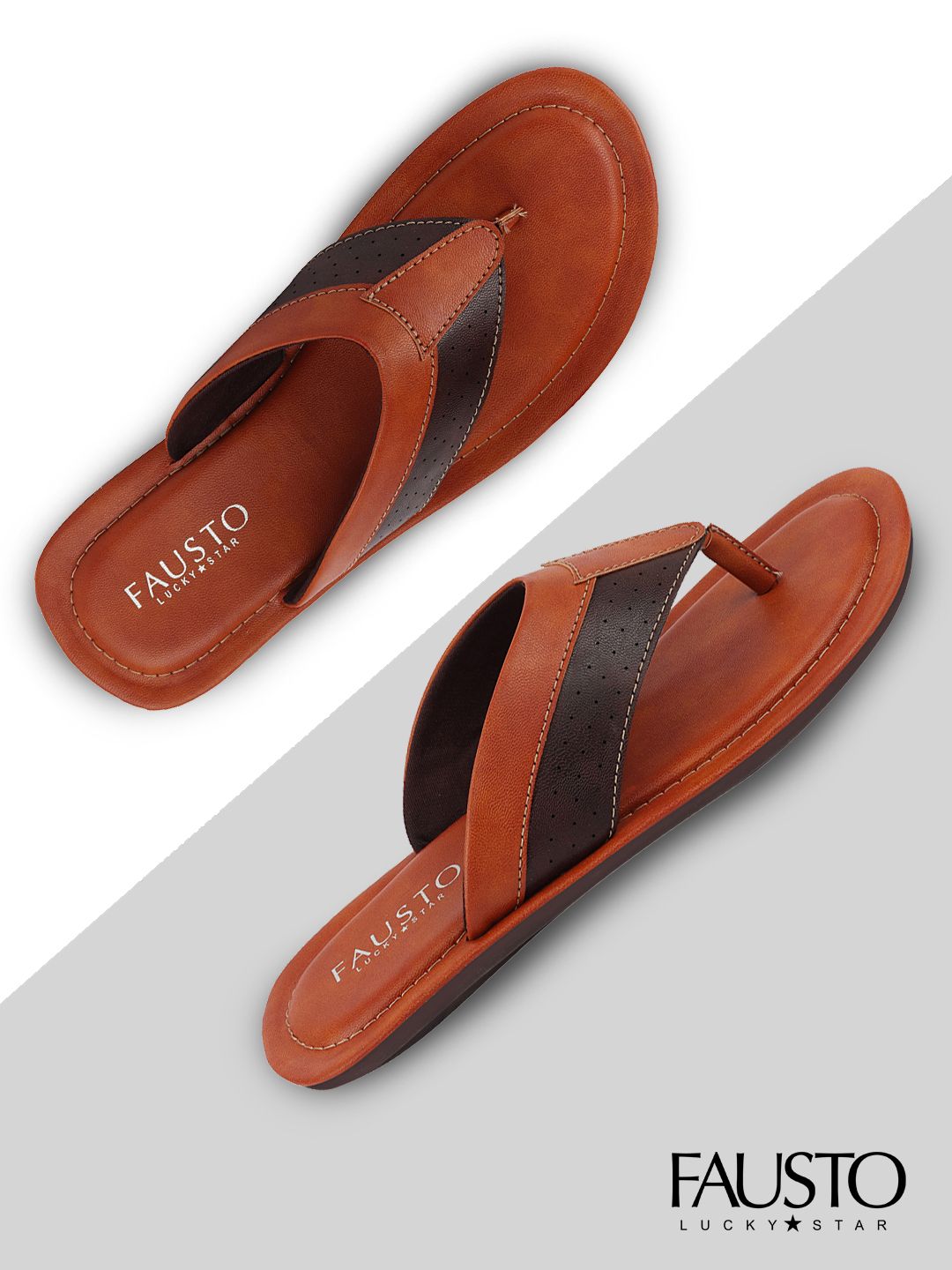 FAUSTO Men Tan & Brown Thong Flip-Flops